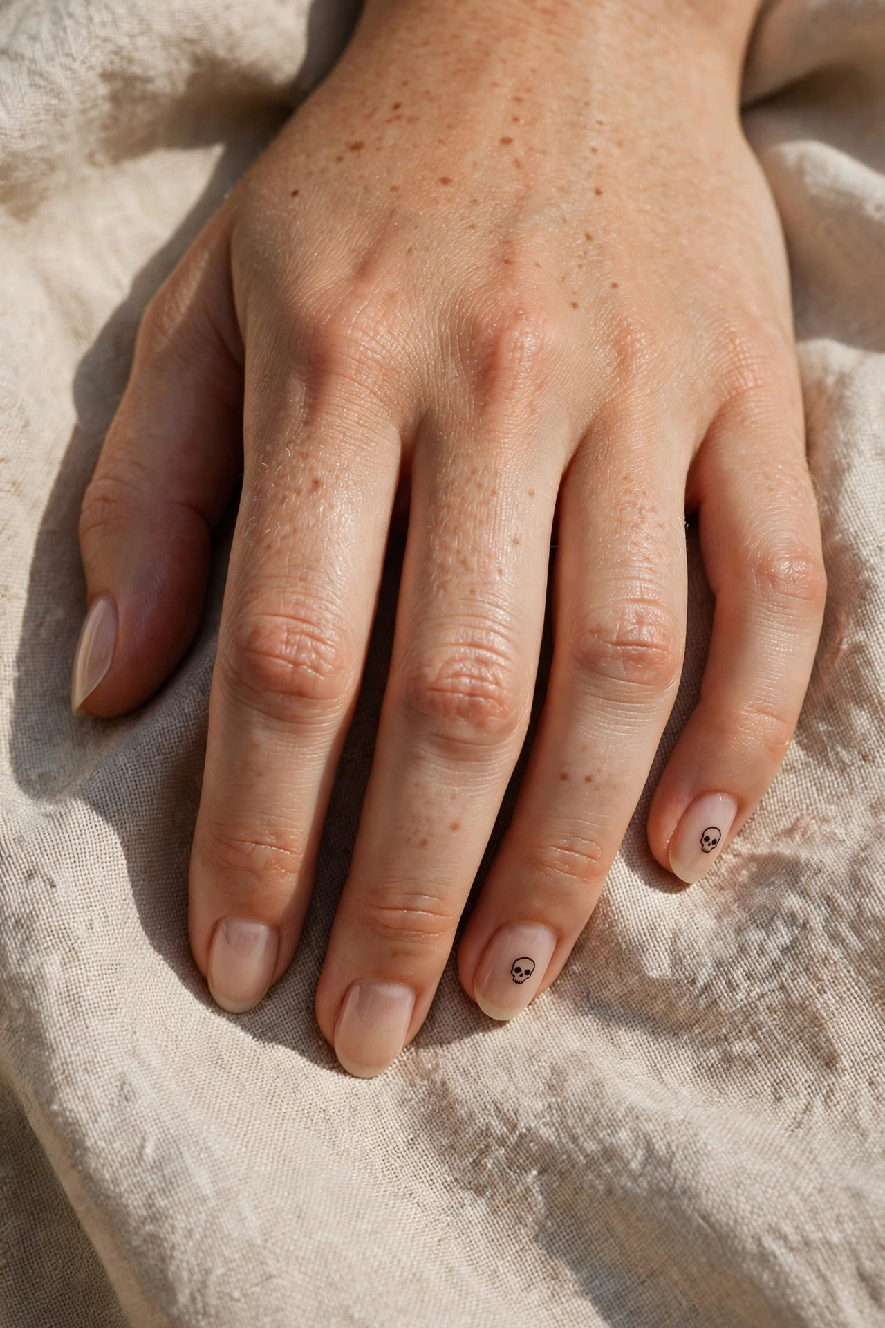 Minimal black skull nail art on nude Halloween nails