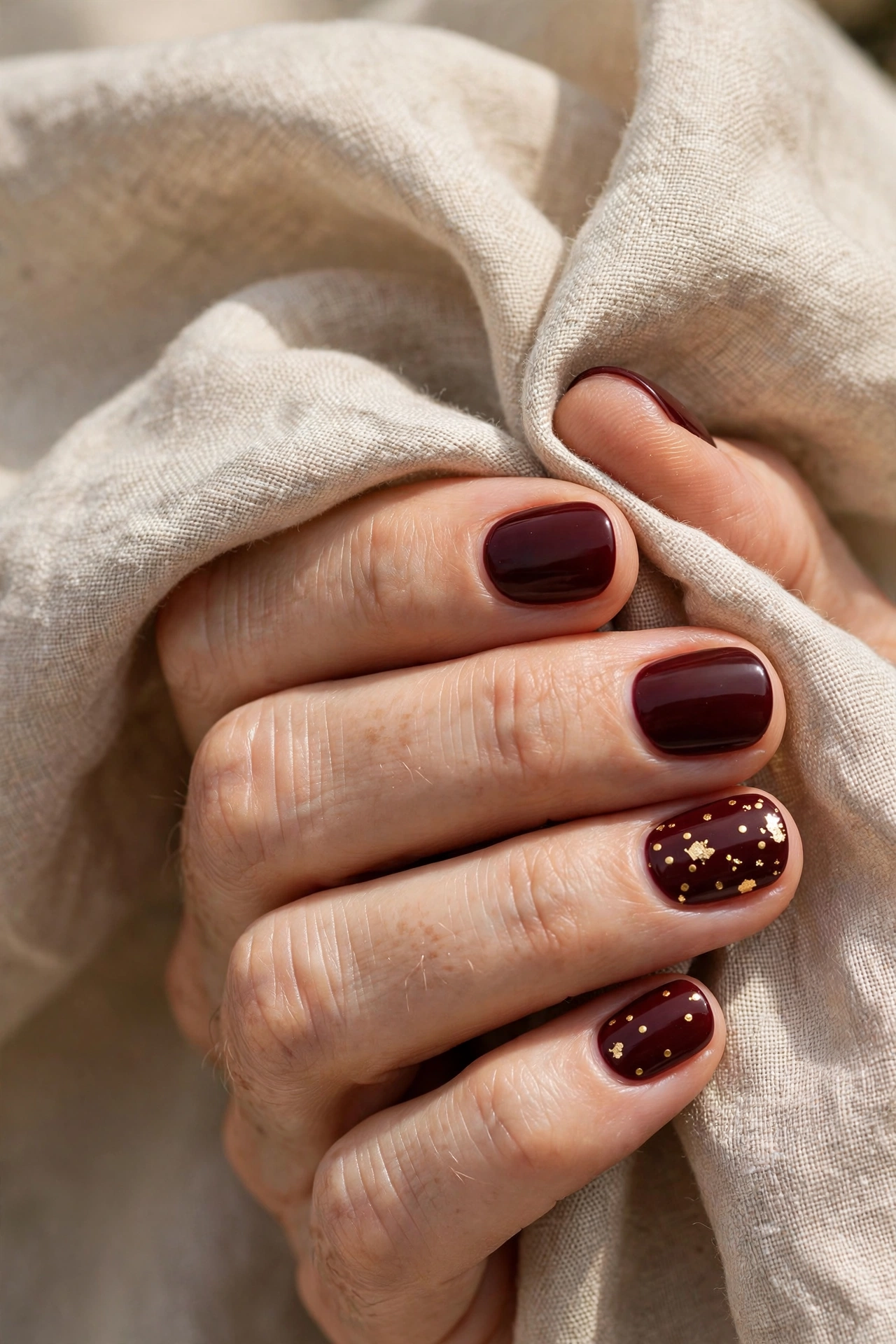 Oxblood burgundy nails with gold foil dots for Halloween