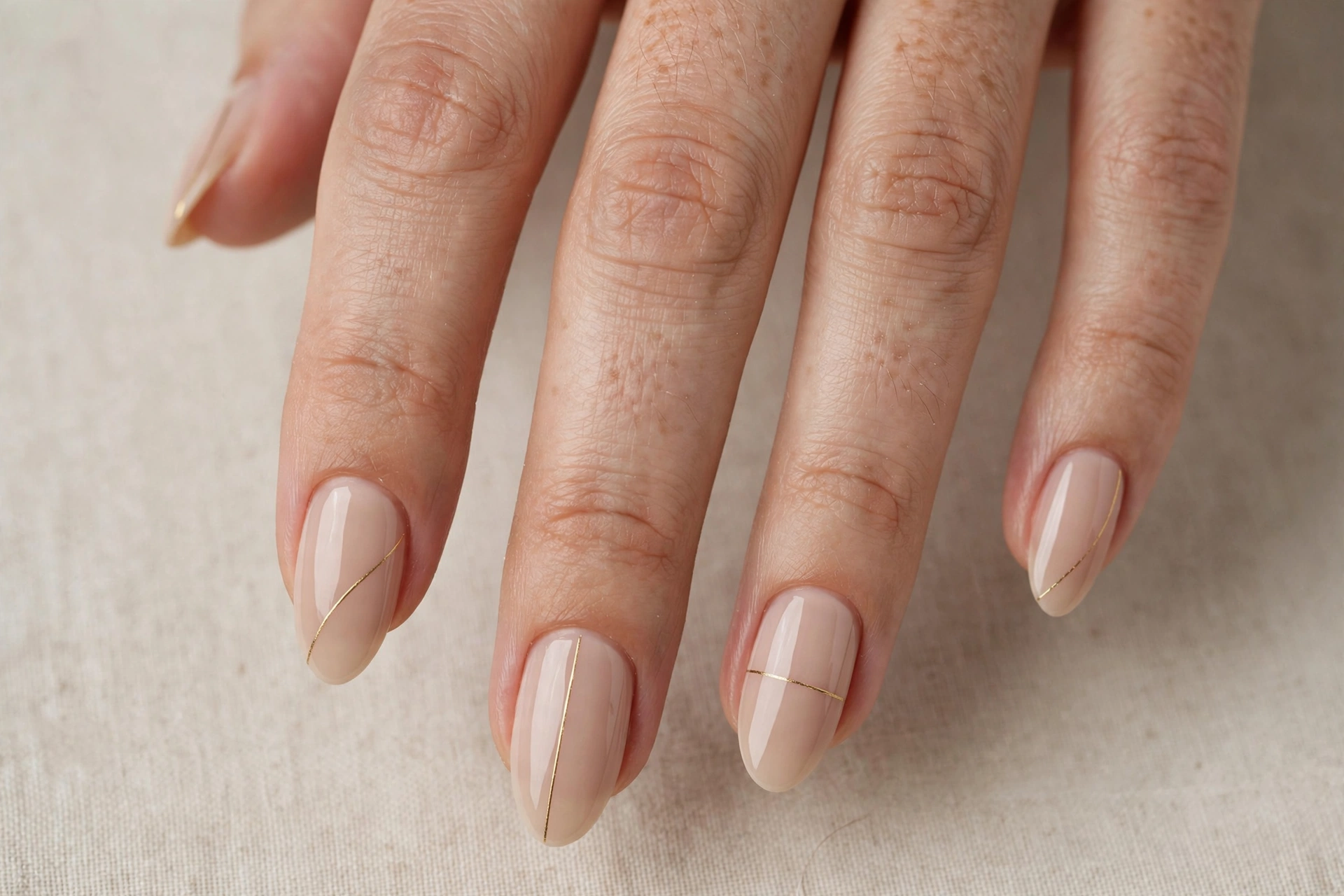 Nude nails with thin gold line minimalist nail art