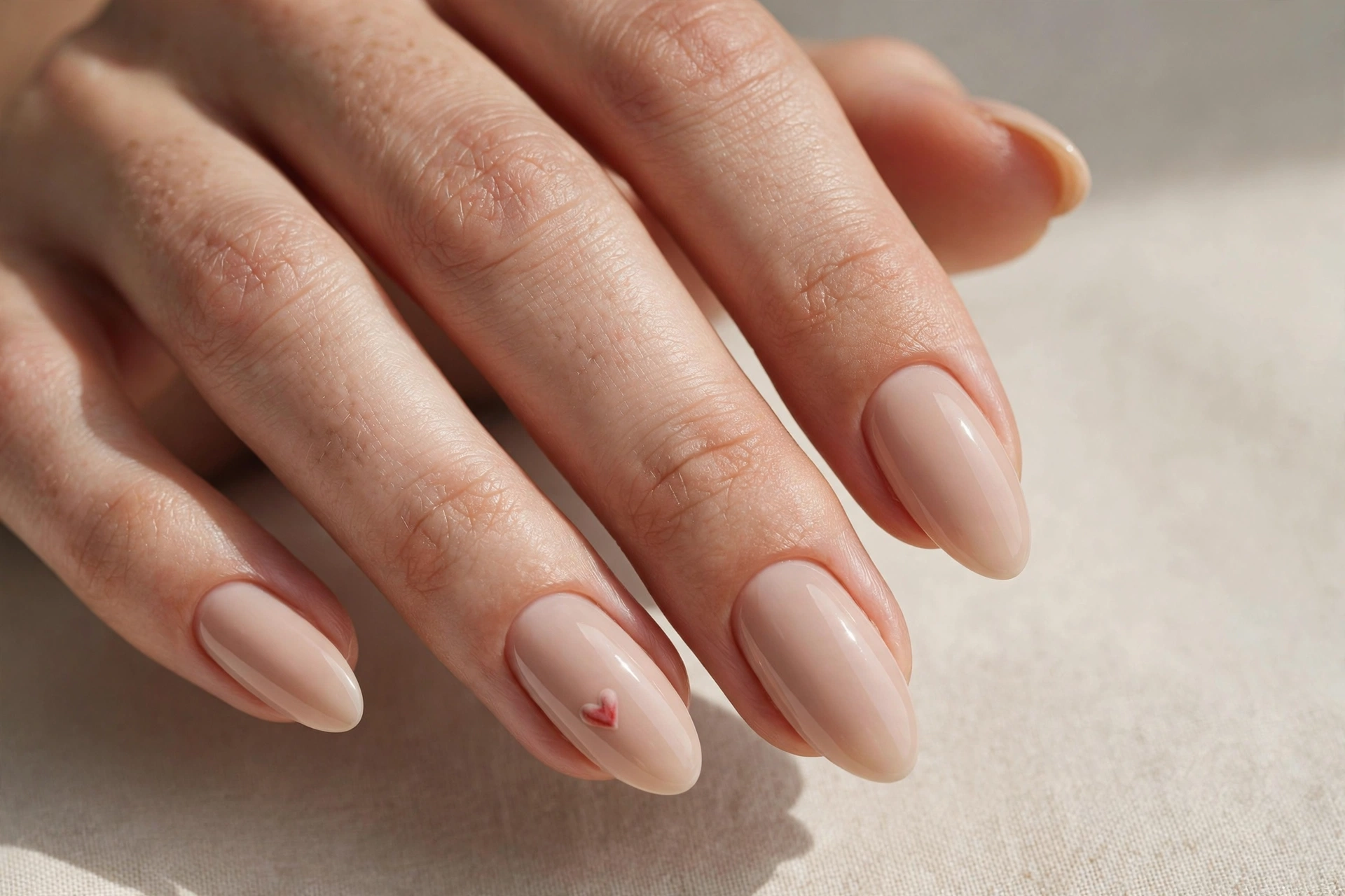 Nude nails with tiny heart accent minimalist nail art