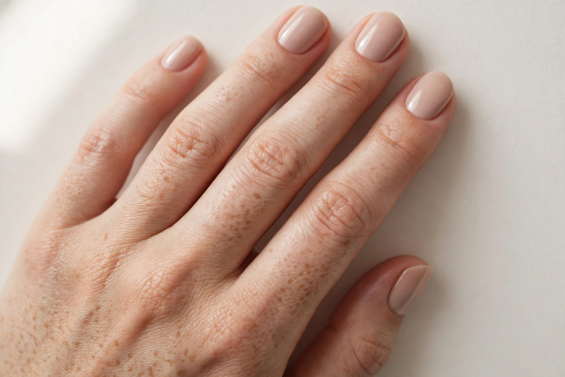 Classic nude polish manicure on short rounded nails