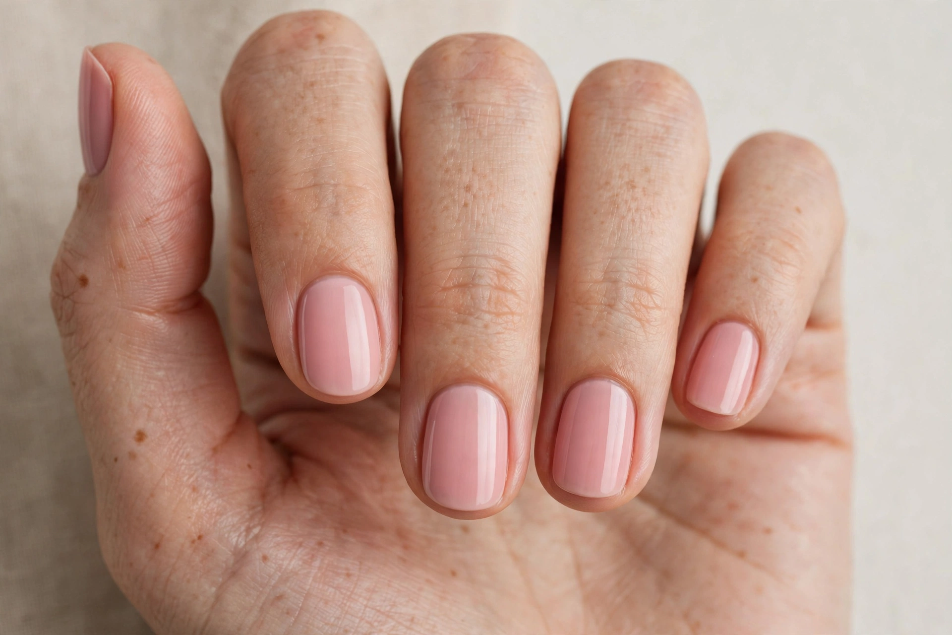 Soft blush pink solid polish on short rounded nails