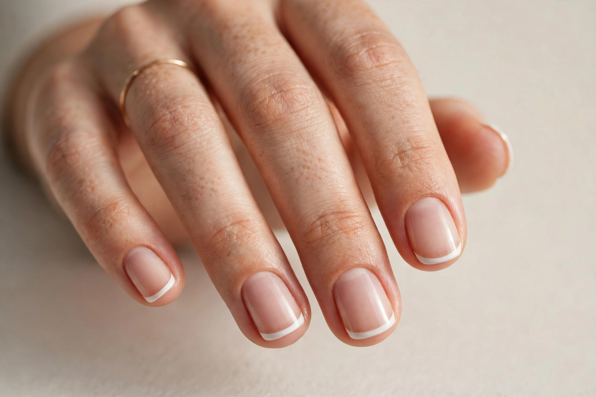 Neat French tip manicure on short rounded nails