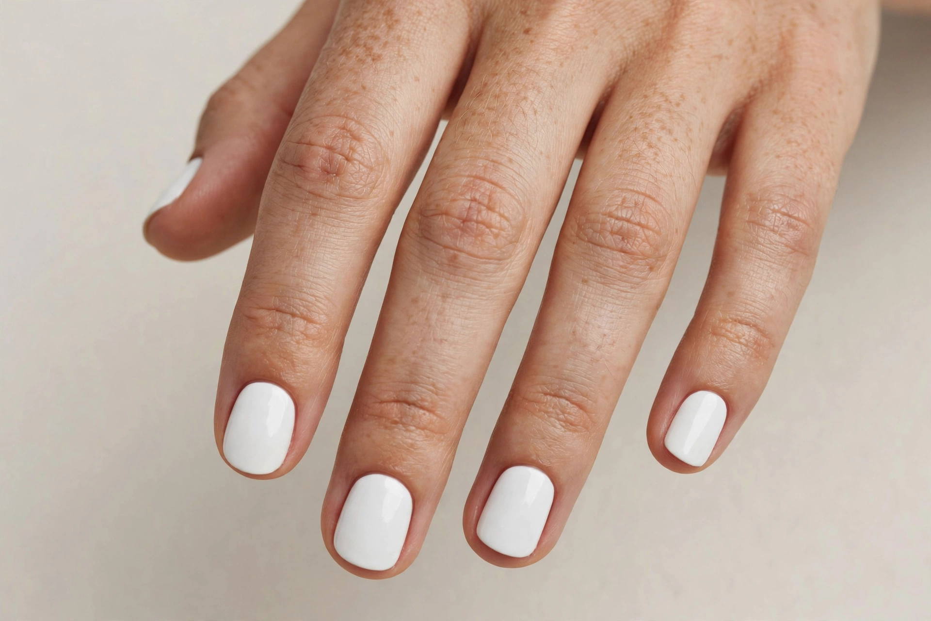 Crisp white solid polish manicure on short rounded nails