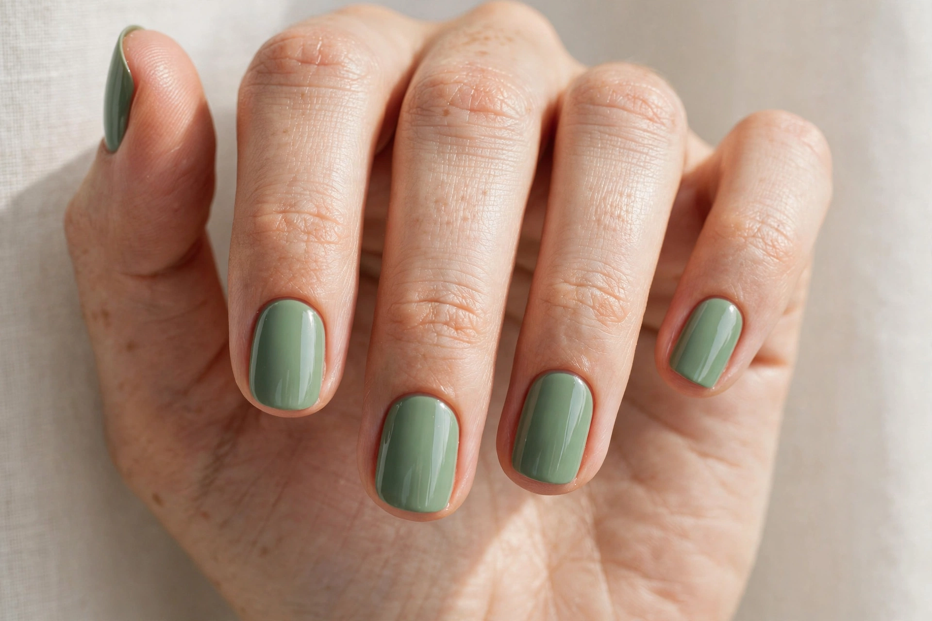 Sage green solid polish manicure on short rounded nails