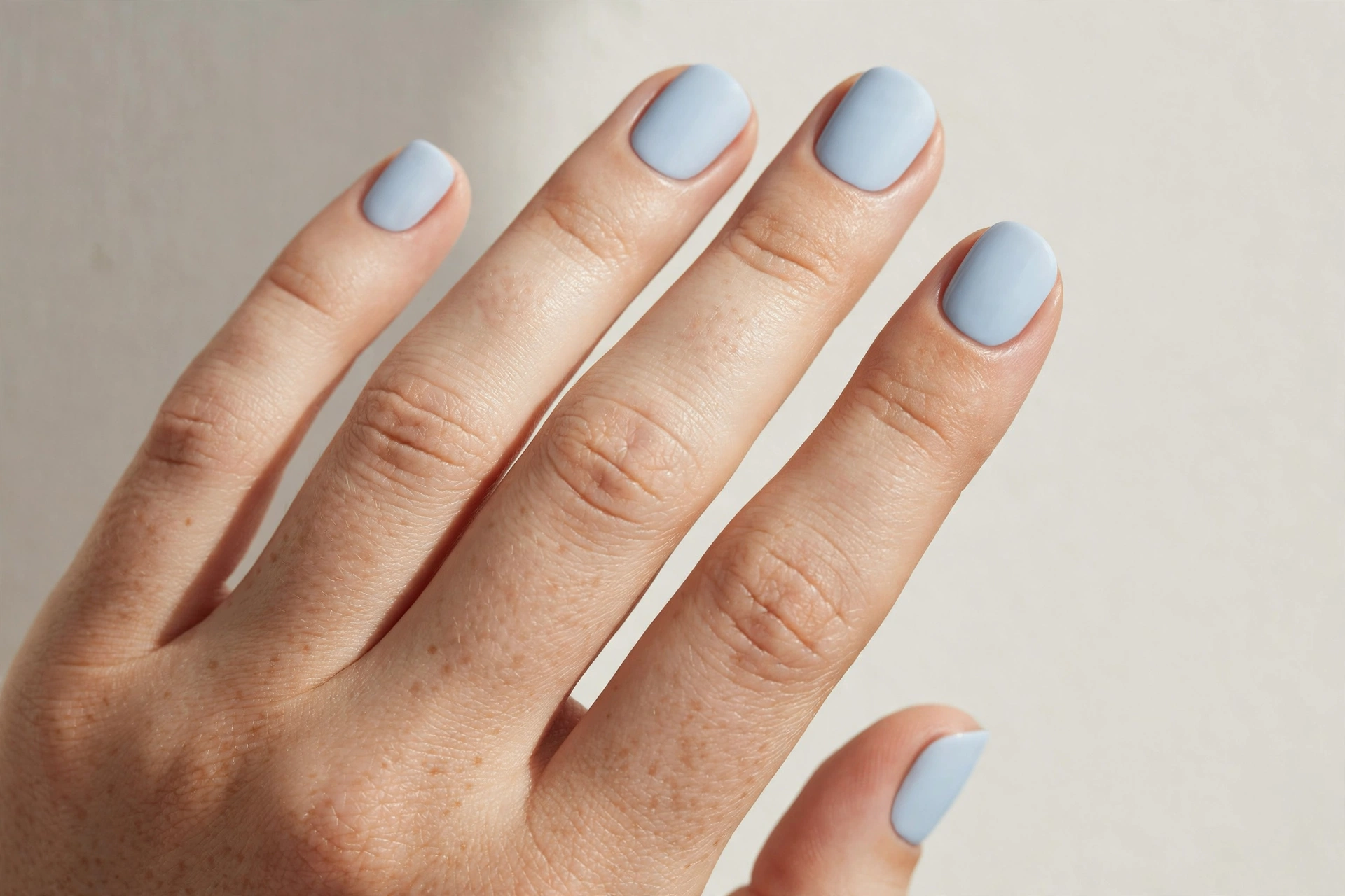 Pale baby blue solid polish manicure on short rounded nails