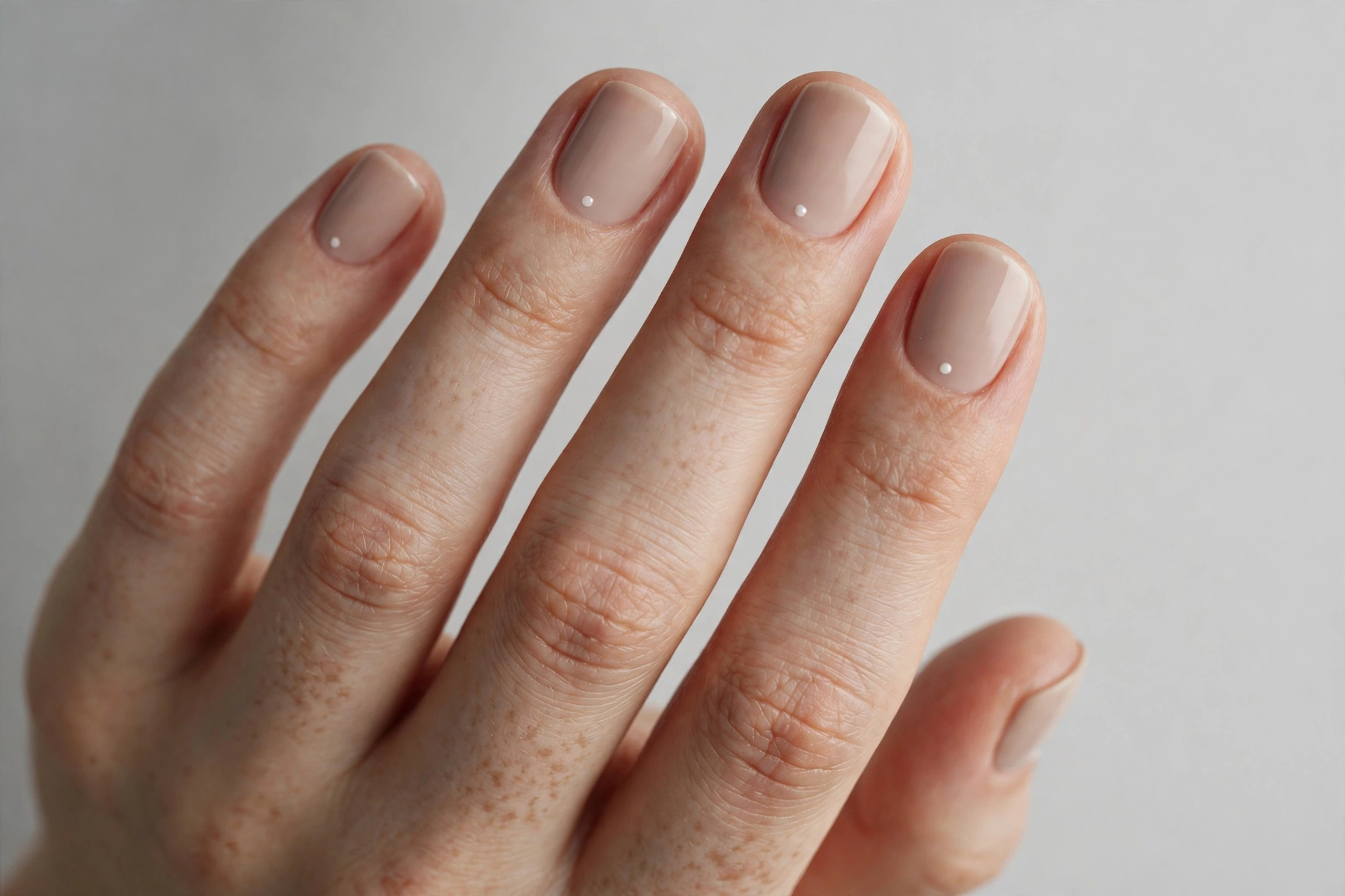 Nude nails with a tiny white dot accent near the cuticle on short nails