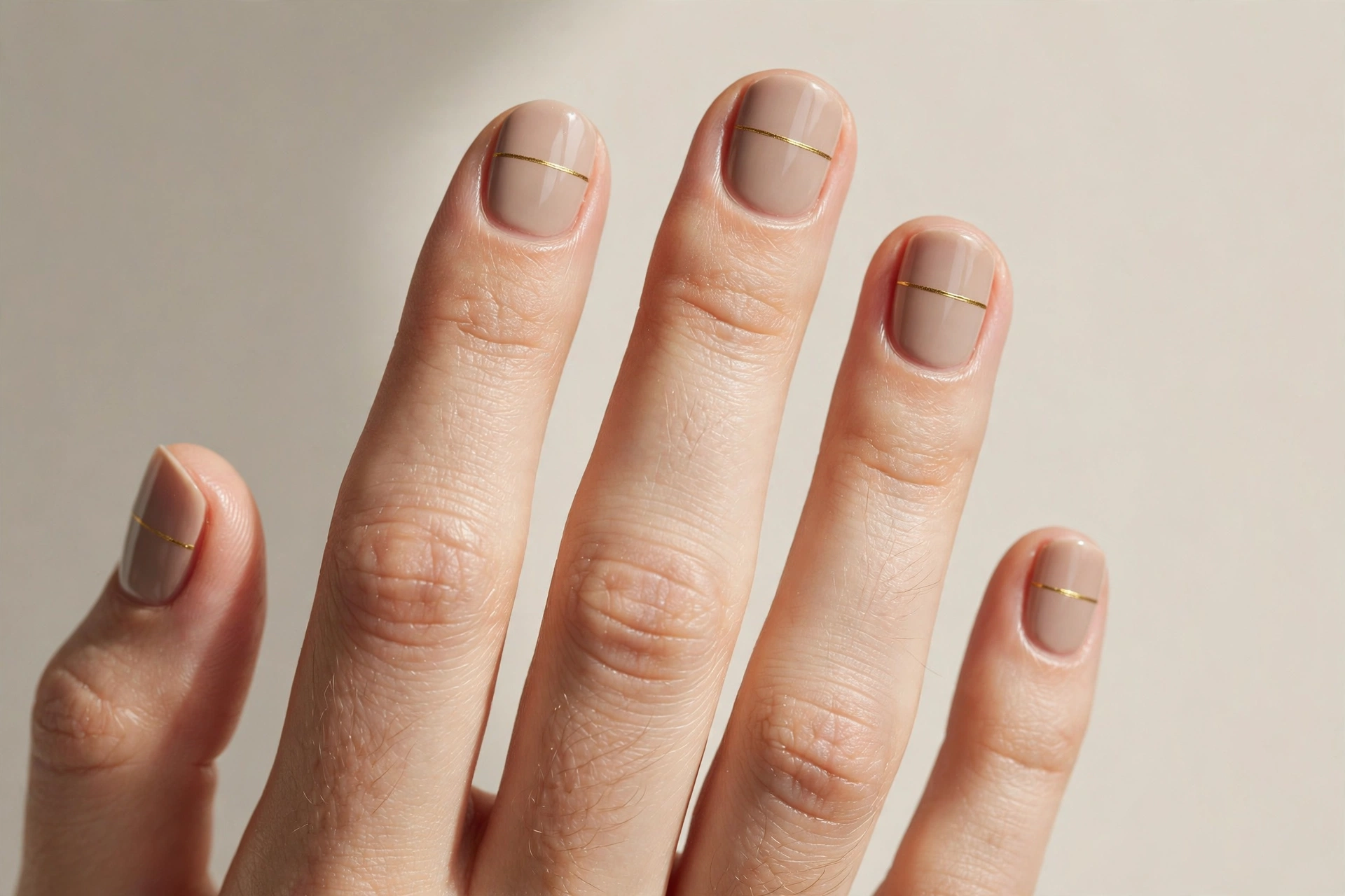 Nude nails with a single thin gold stripe on short nails
