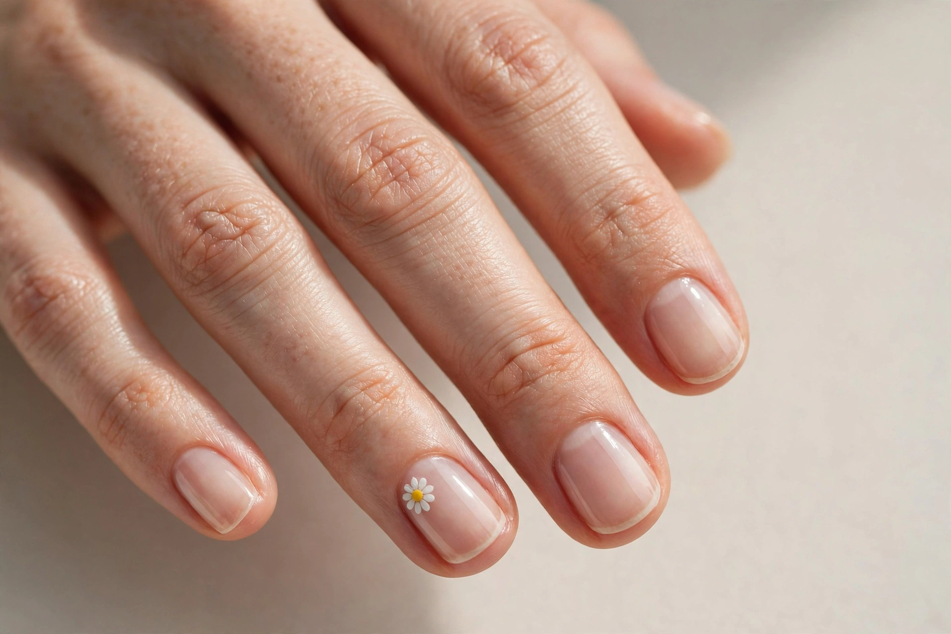 Clear natural nails with a tiny white daisy accent on short nails