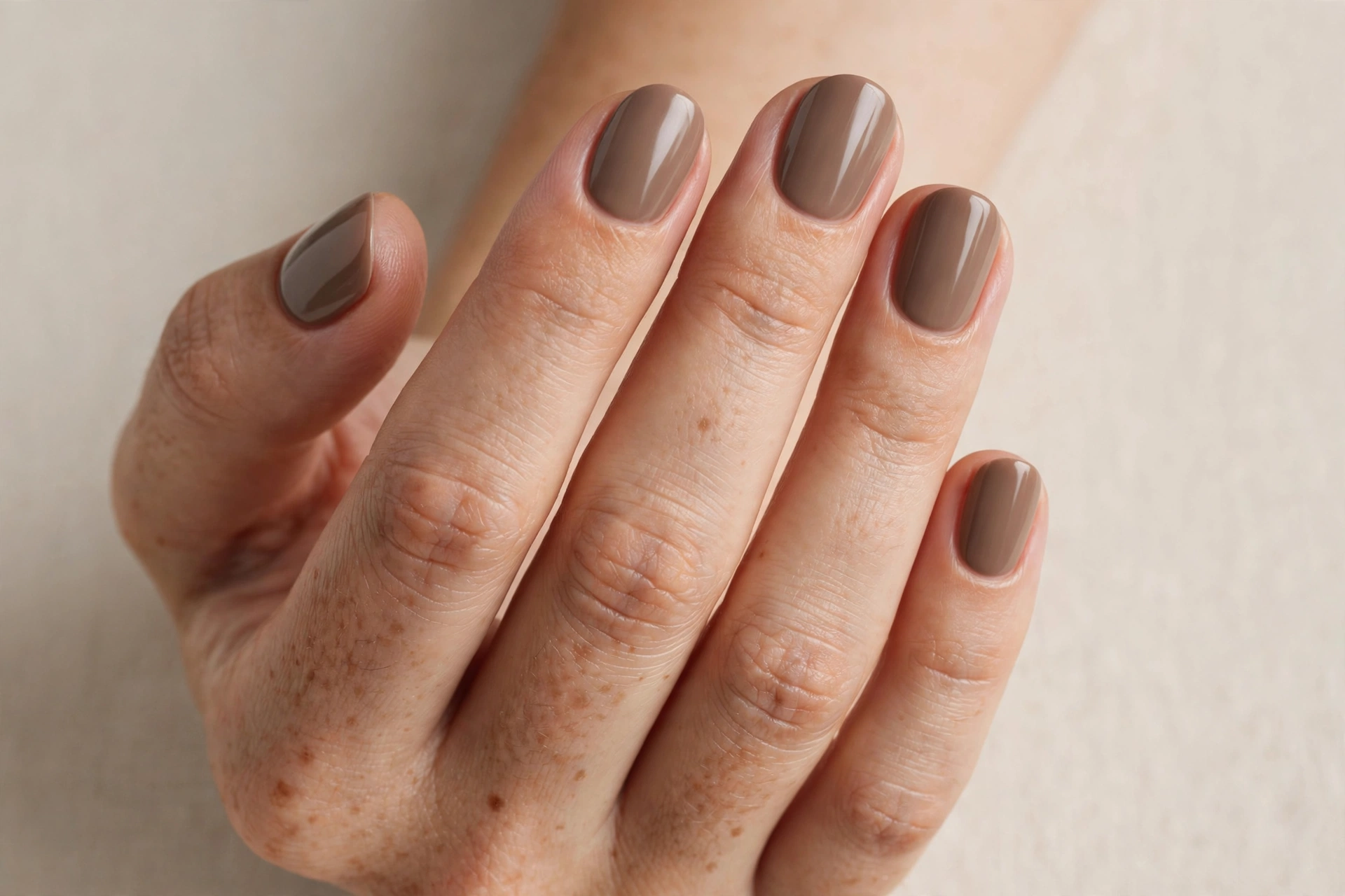 Warm taupe solid polish manicure on short rounded nails