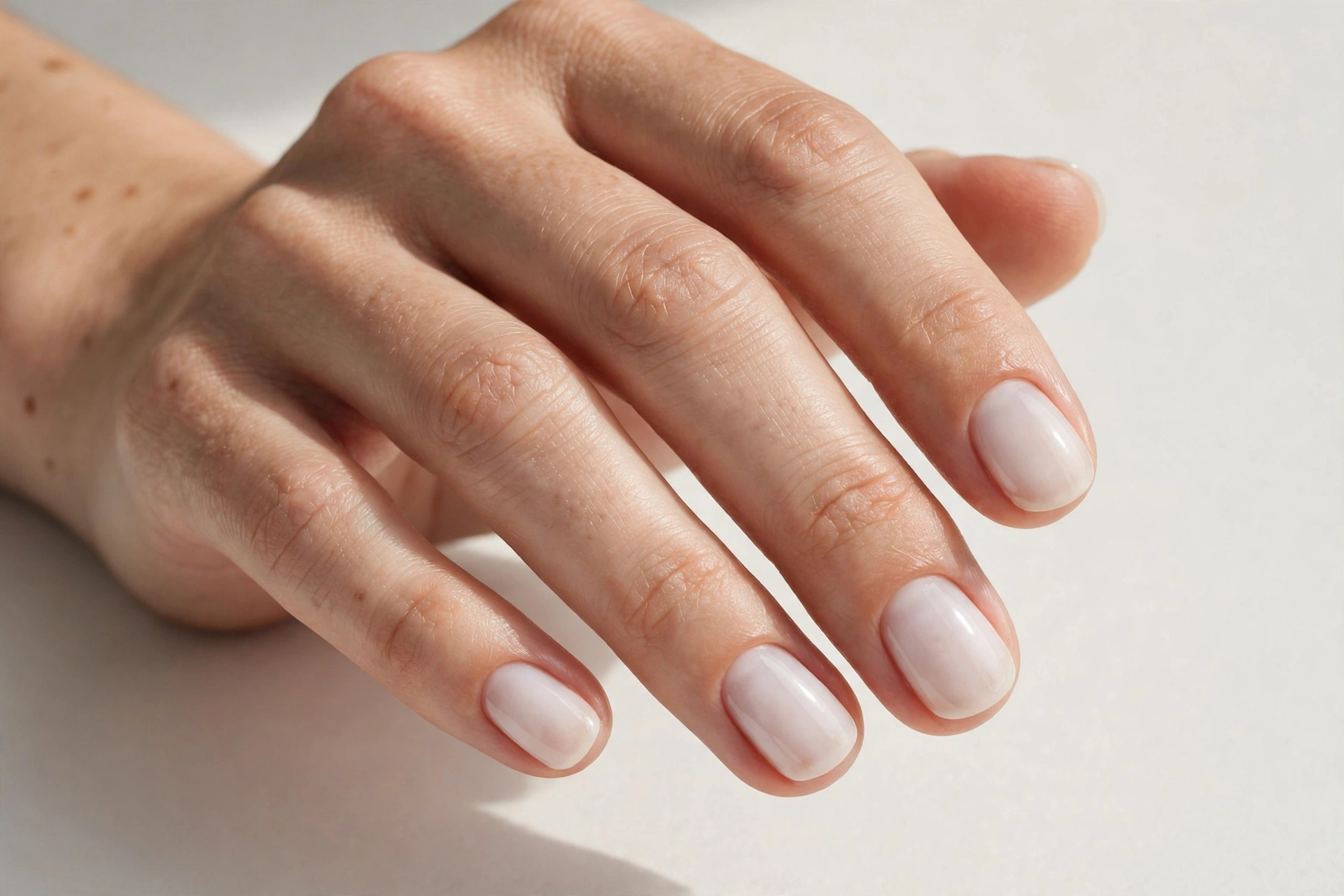 Milky sheer white polish manicure on short rounded nails
