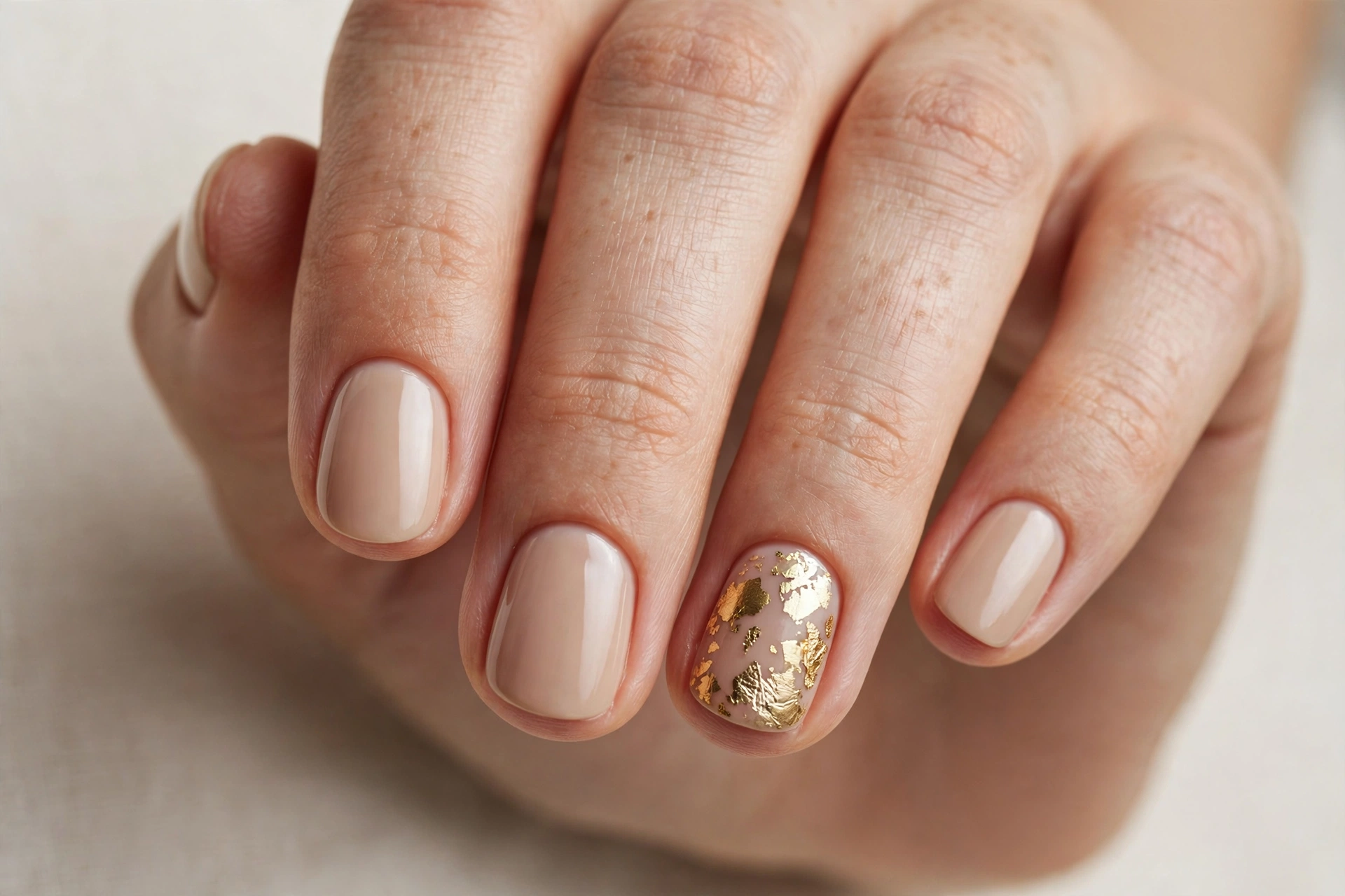 Nude nails with a single gold foil accent nail on short nails