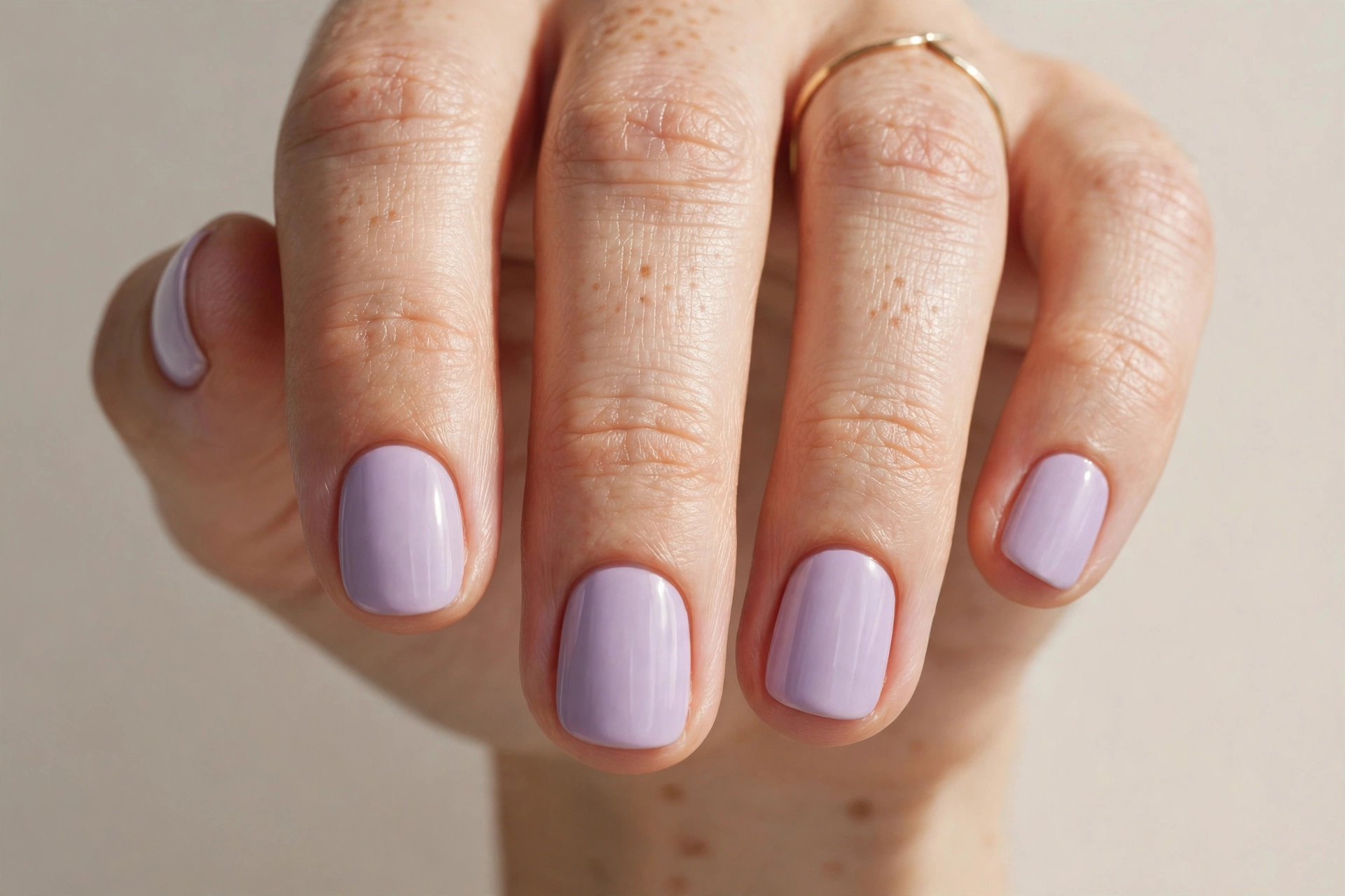 Soft lavender solid polish manicure on short rounded nails