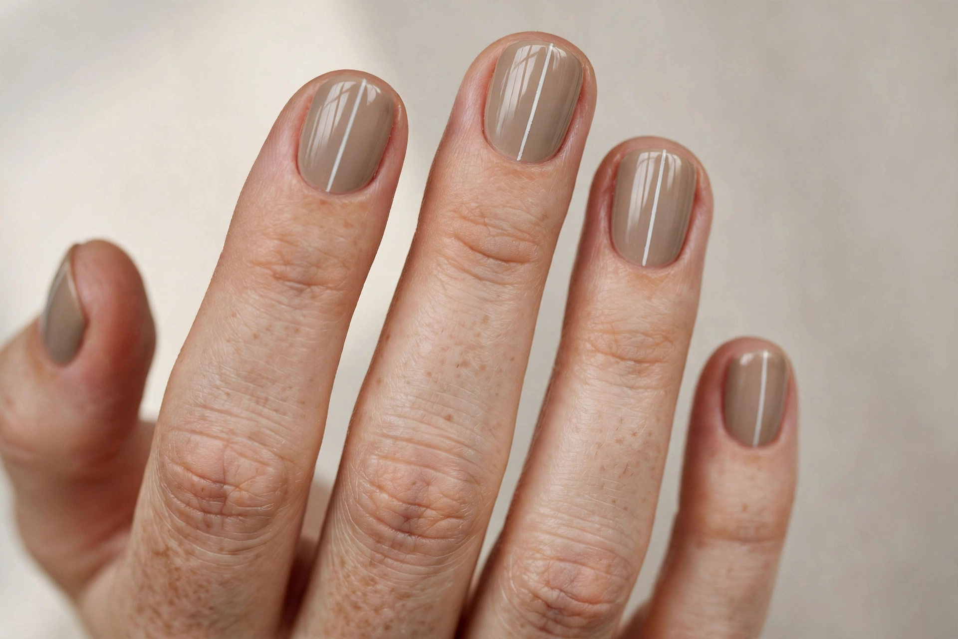 Beige nails with a thin white vertical line on short nails