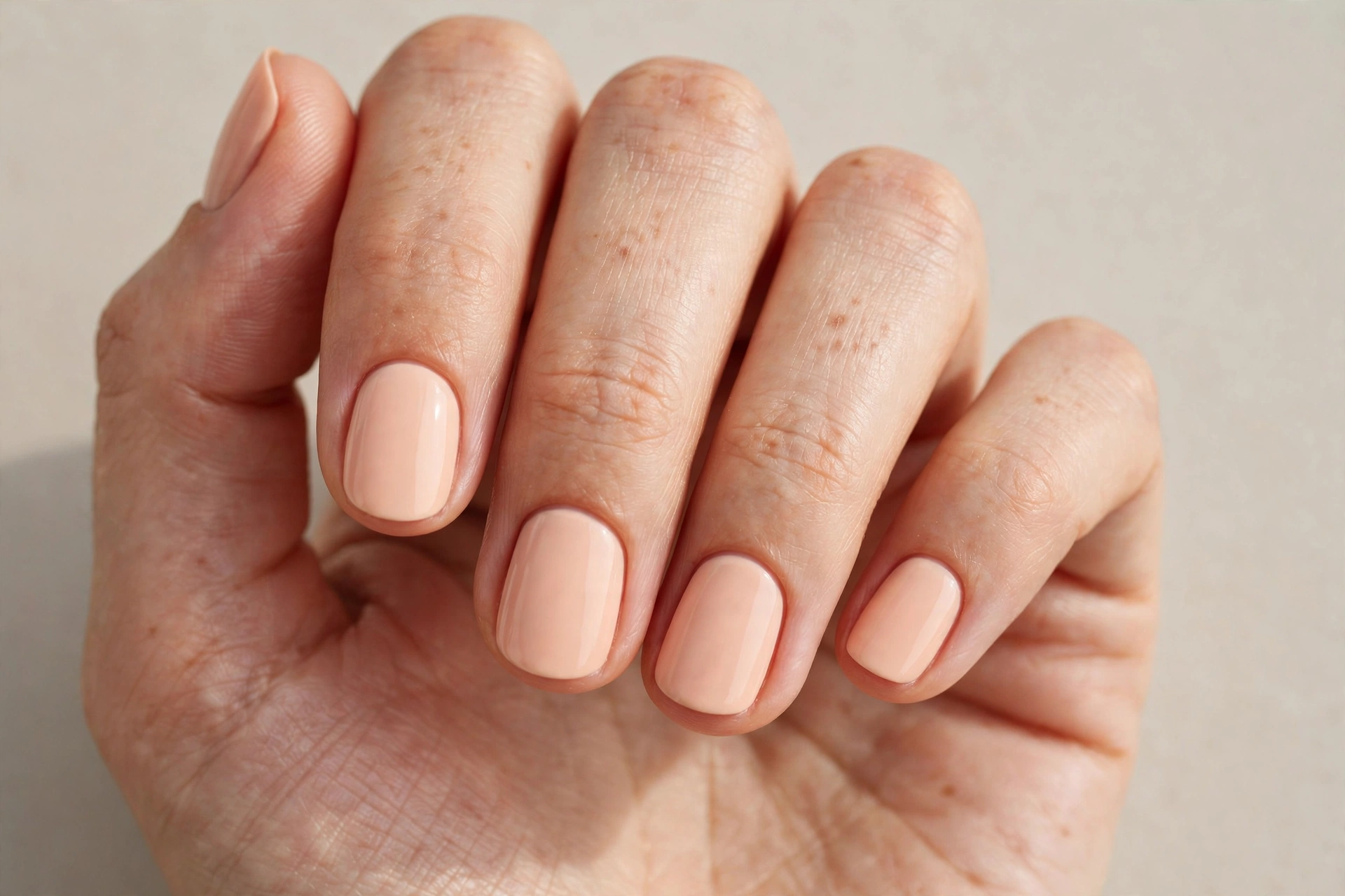 Pale peach solid polish manicure on short rounded nails
