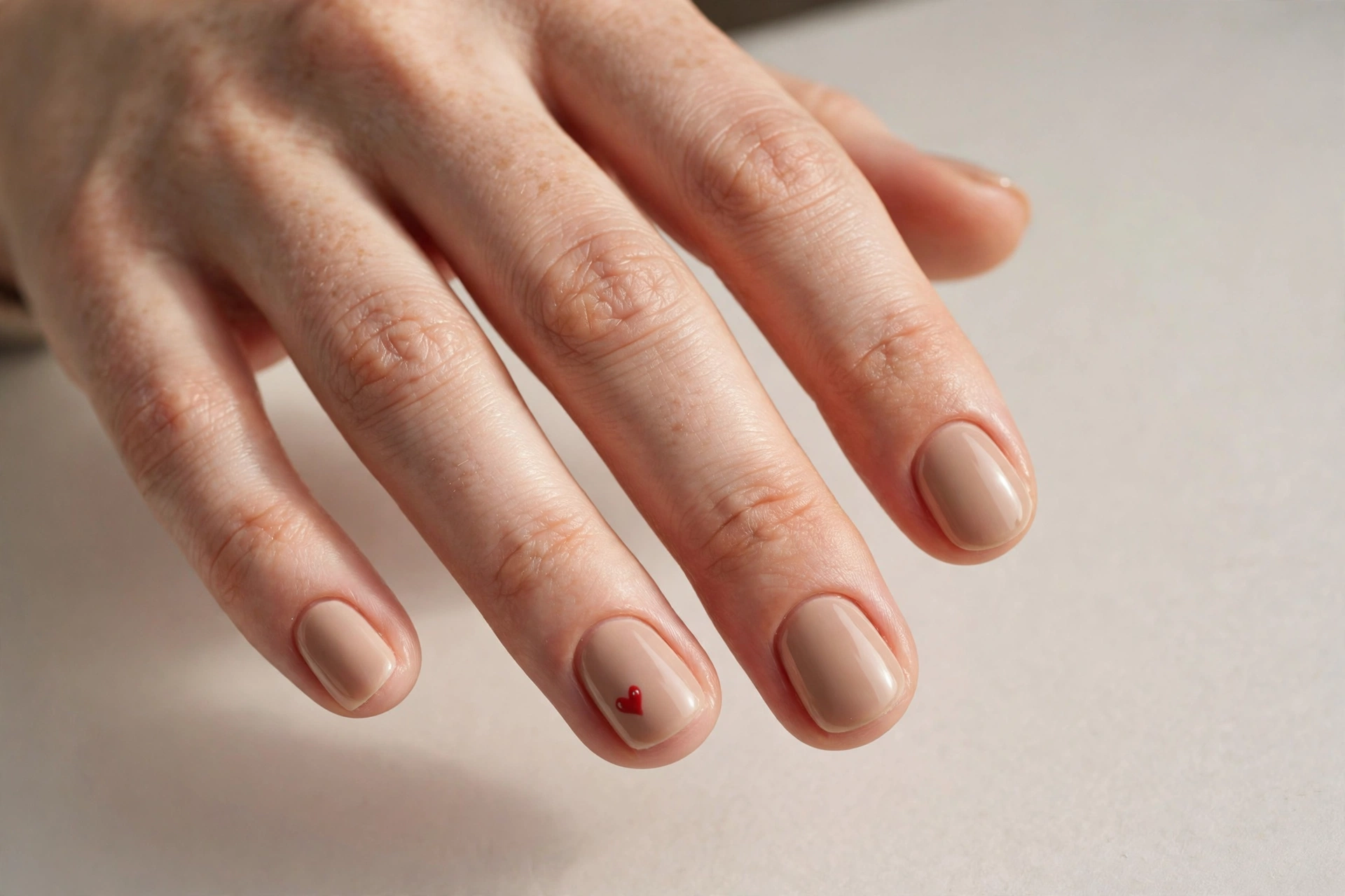 Nude nails with a tiny red heart accent on one short nail
