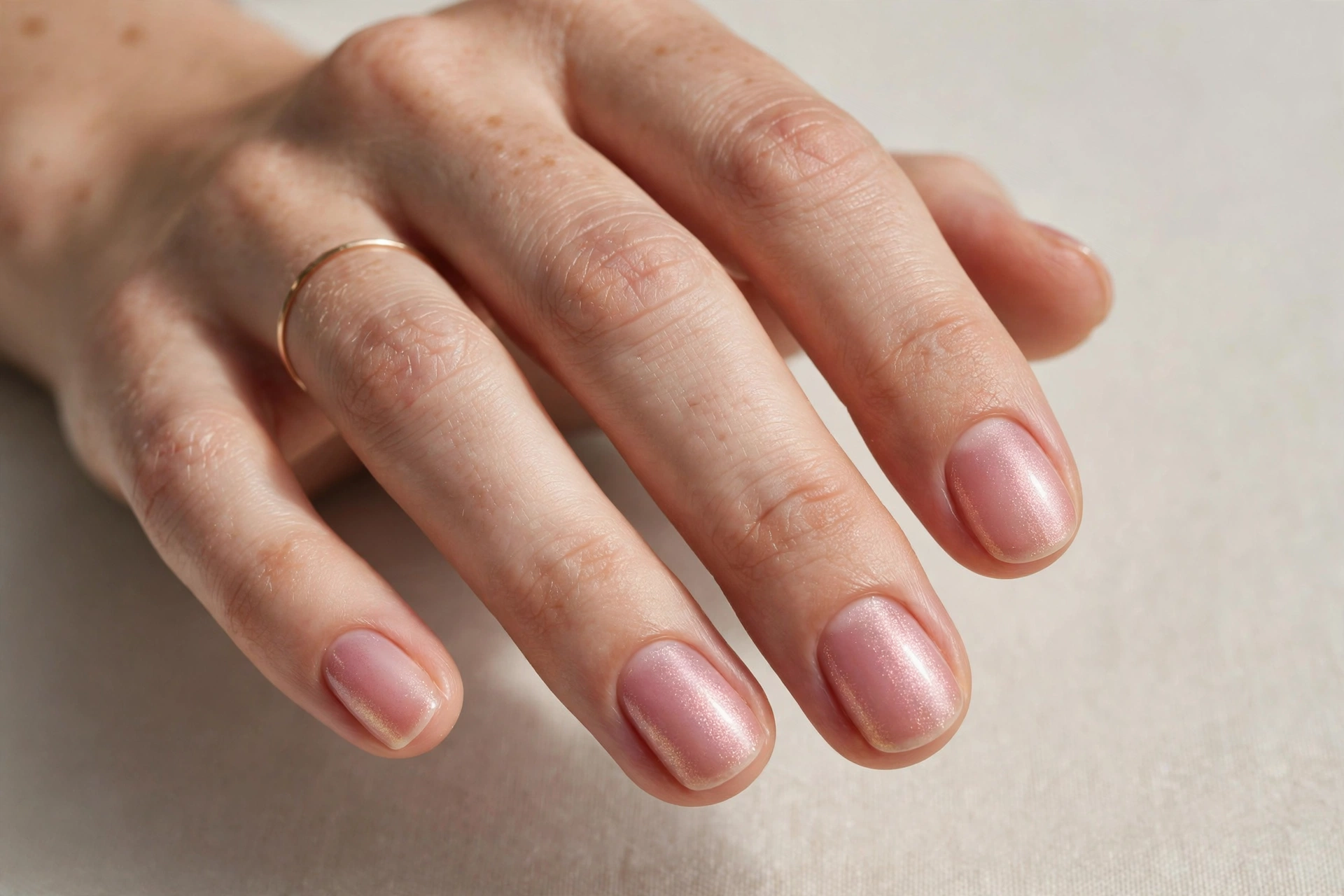 Sheer pink polish with subtle shimmer on short rounded nails