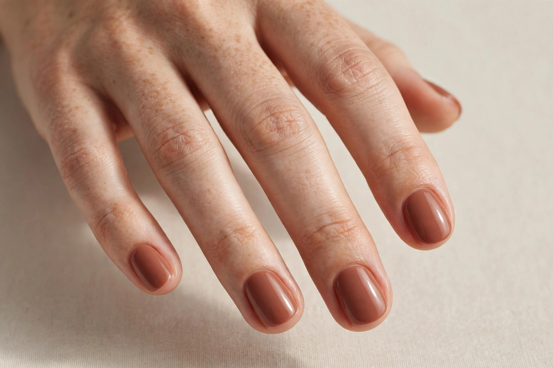 Muted terracotta solid polish manicure on short rounded nails
