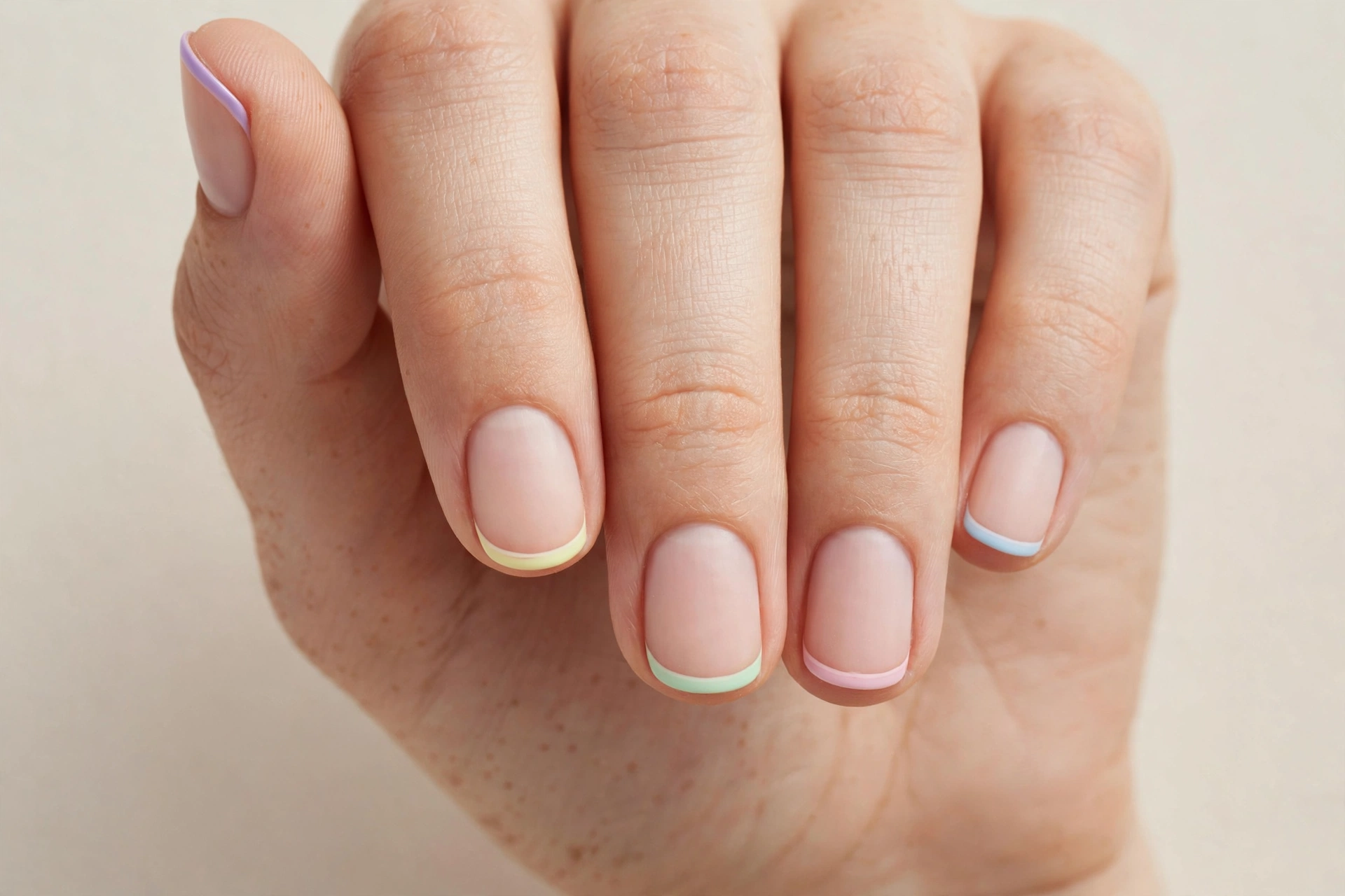 Pastel micro French tips in different pastel shades on short nails