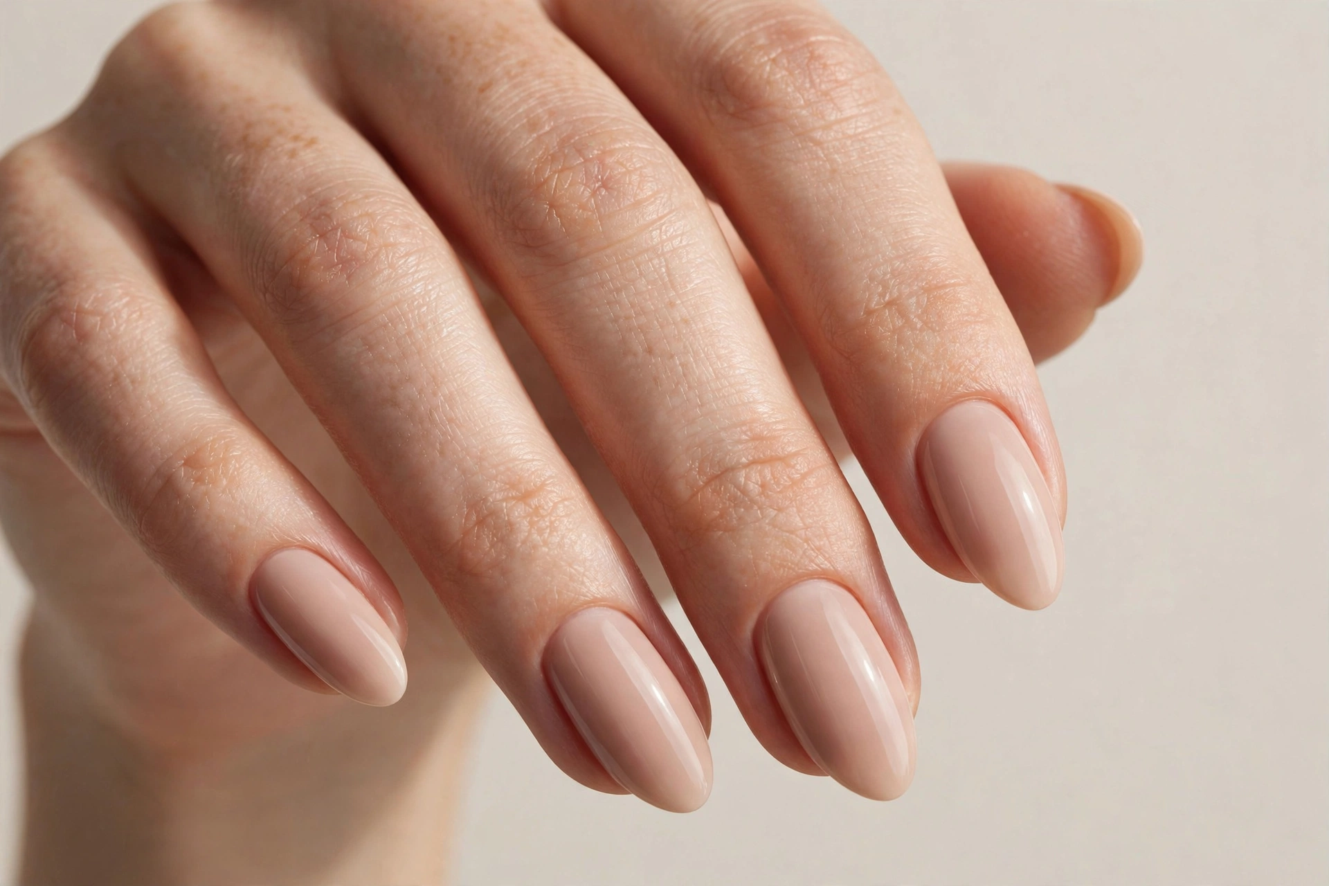 Classic nude almond-shaped nail manicure on a woman's hand