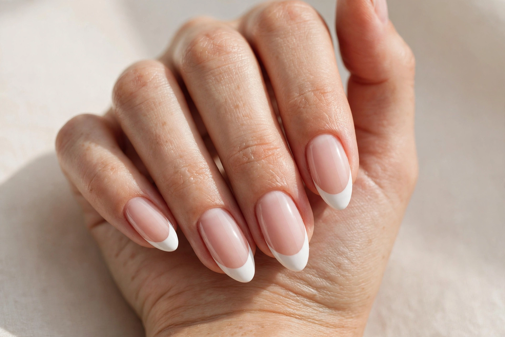 Clean white french tip manicure on almond nails
