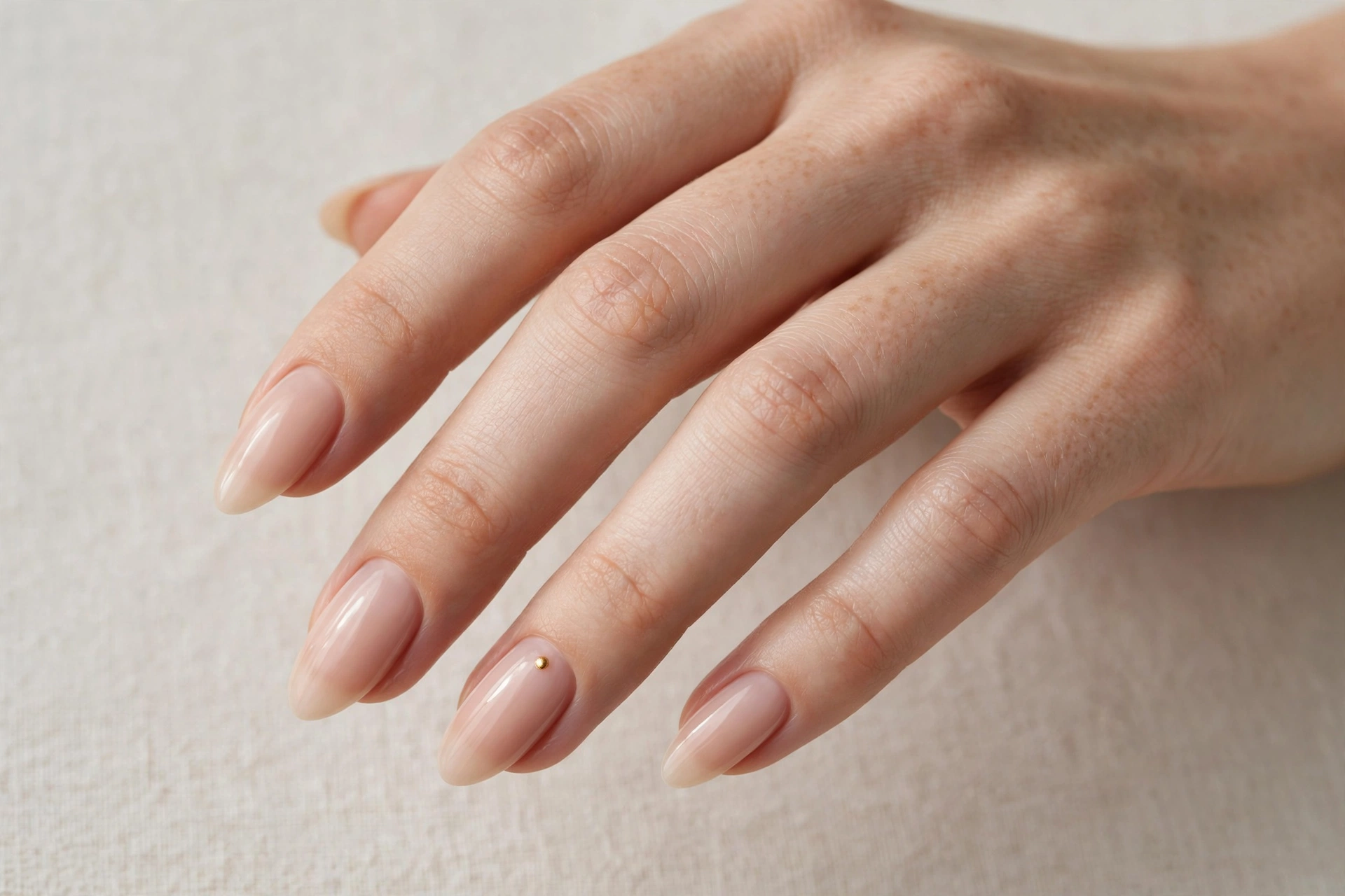 Nude manicure with a single tiny gold dot accent on one nail