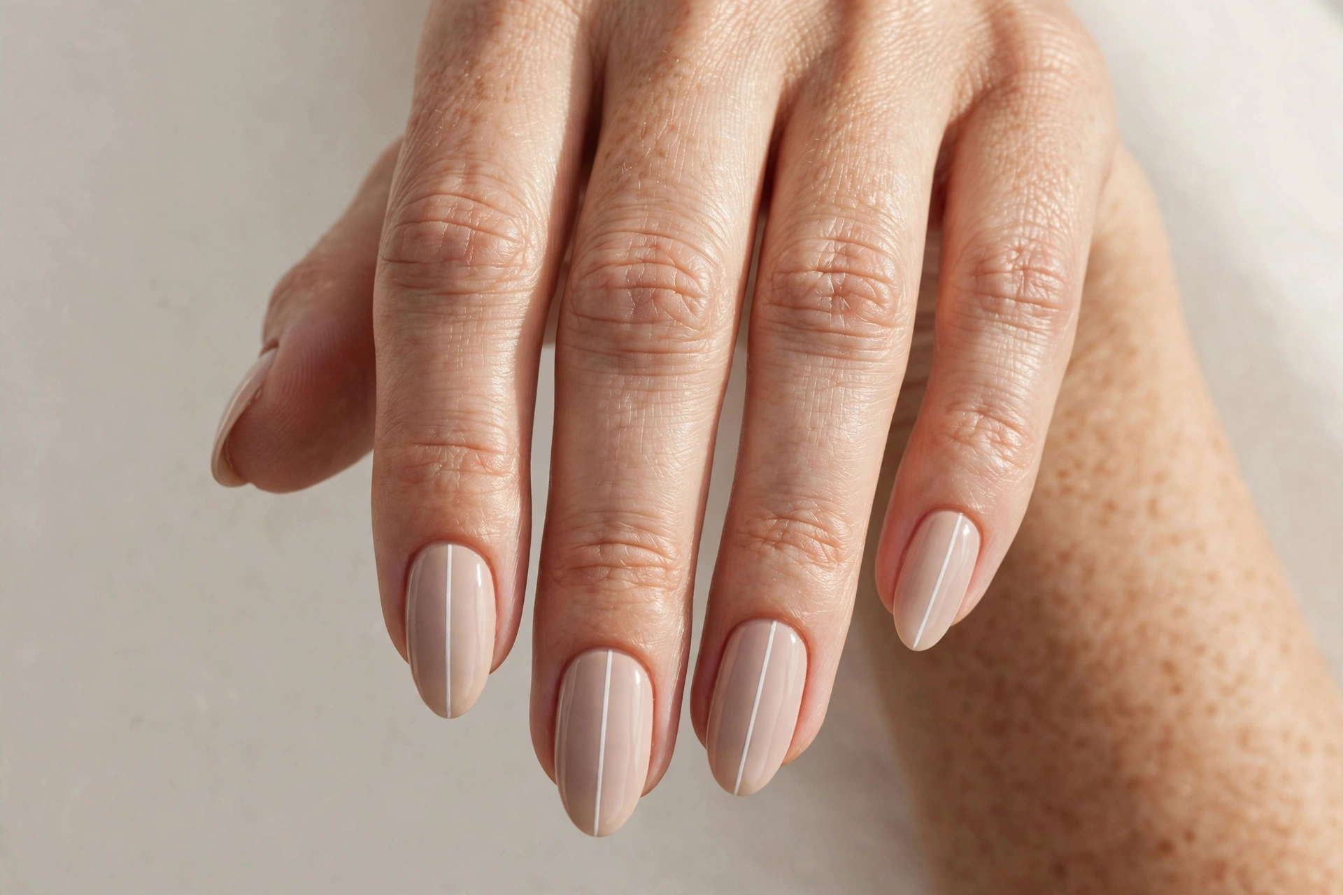 Nude manicure with a single thin white vertical line