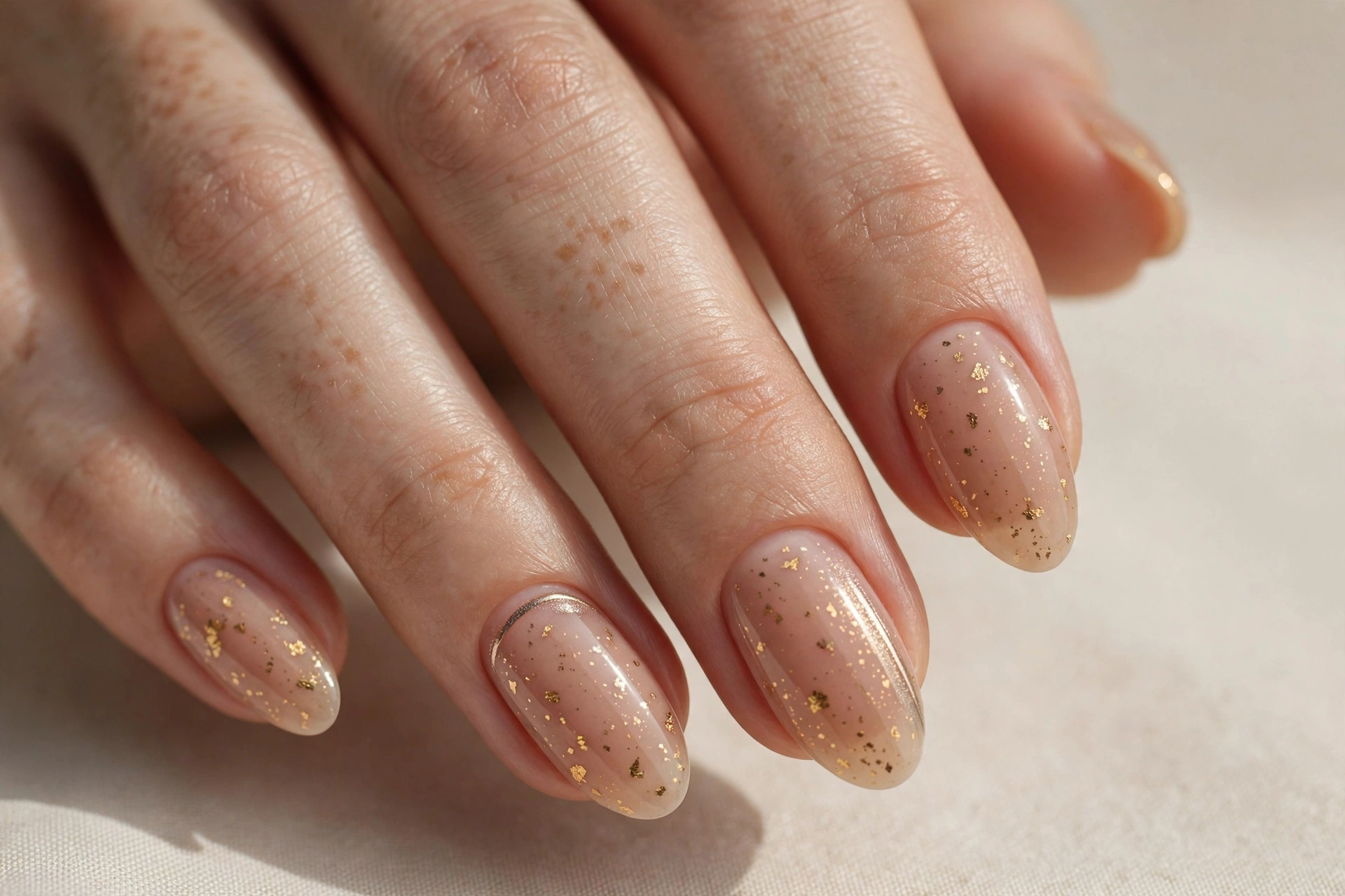 Nude manicure with tiny gold foil specks