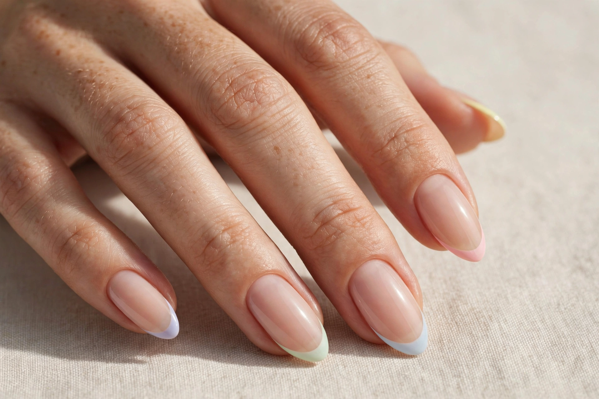 Micro french manicure with thin pastel colored tips
