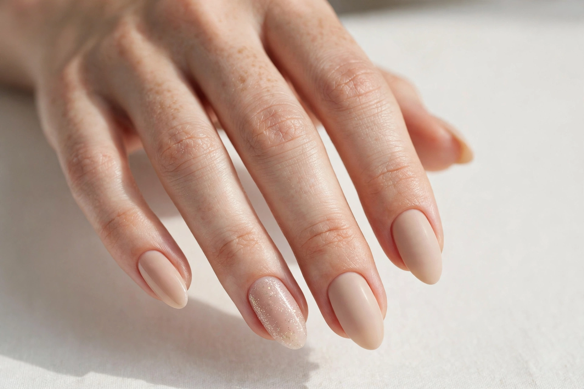Nude manicure with one subtle glitter accent nail