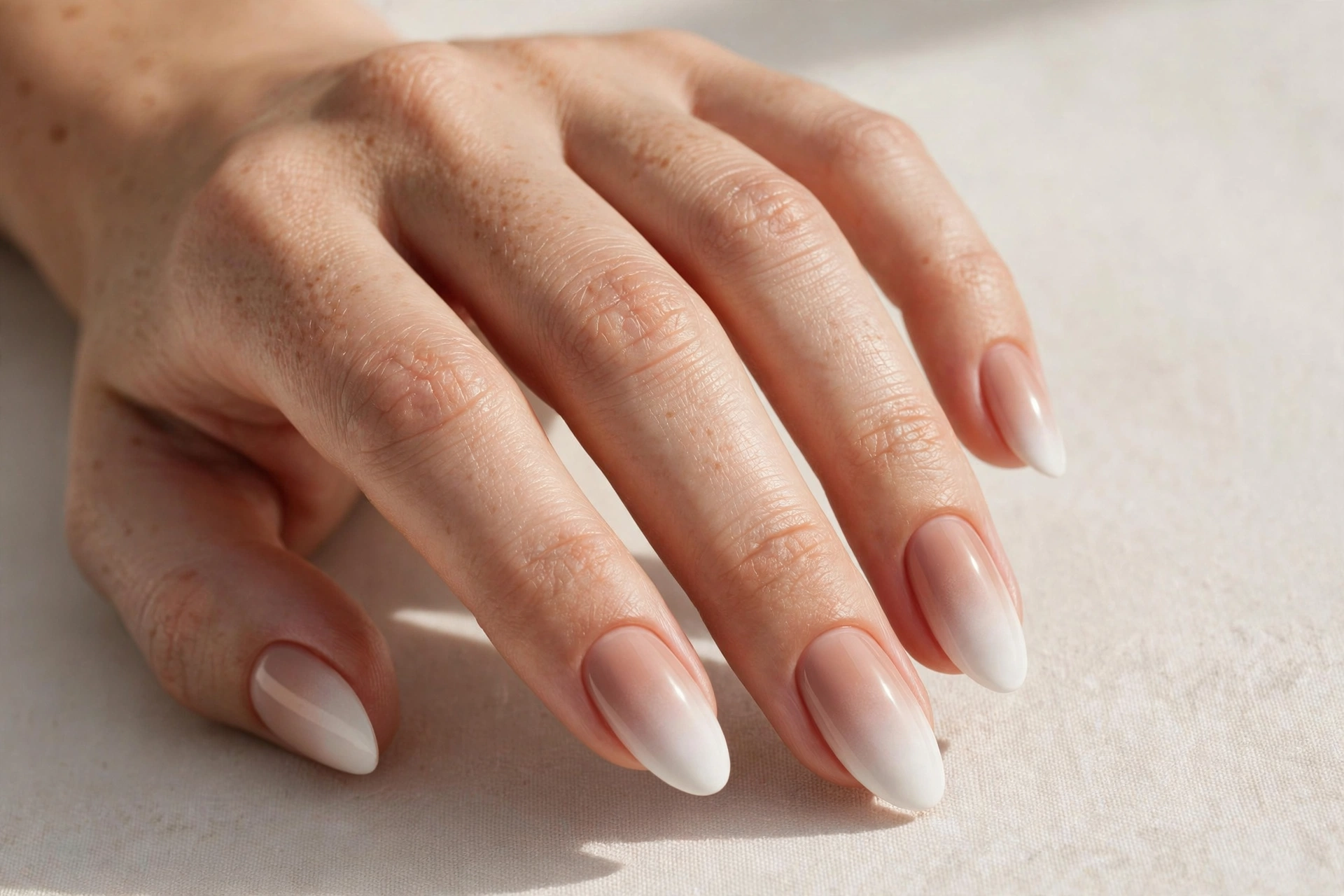 Baby boomer ombre manicure, nude fading to white tips