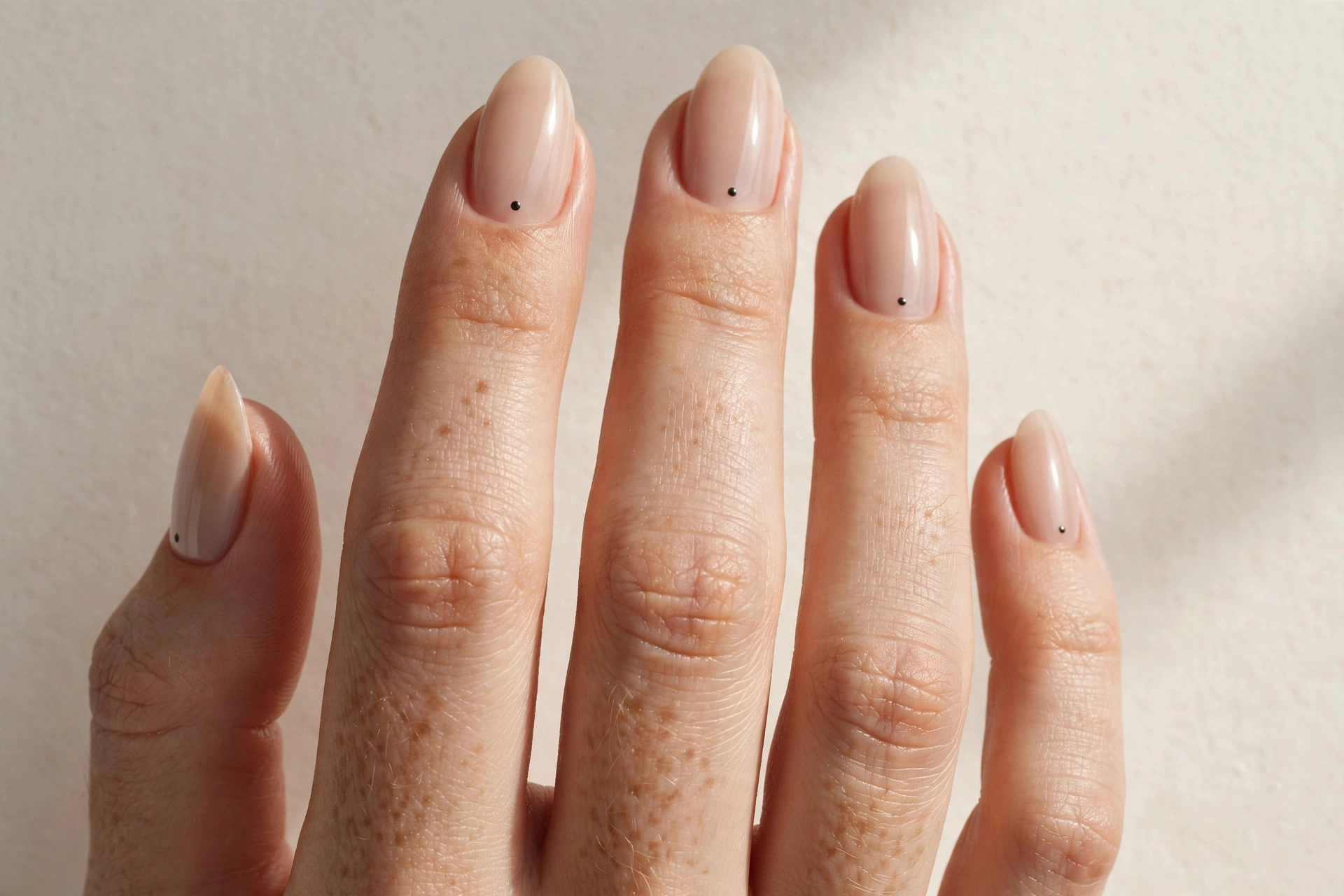 Nude manicure with tiny black dot accents near cuticles