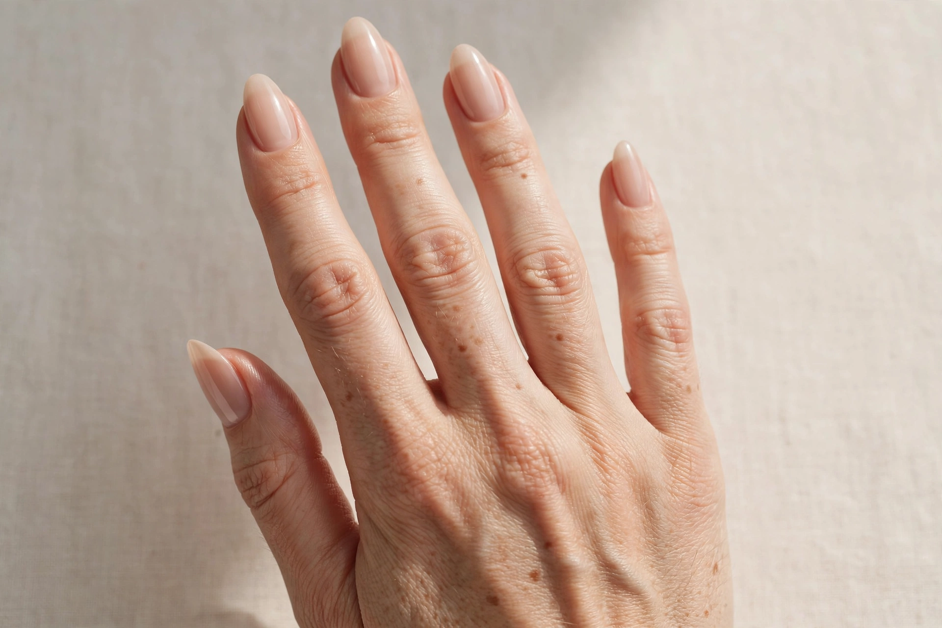 Close-up of almond shaped nails with classic sheer nude polish manicure
