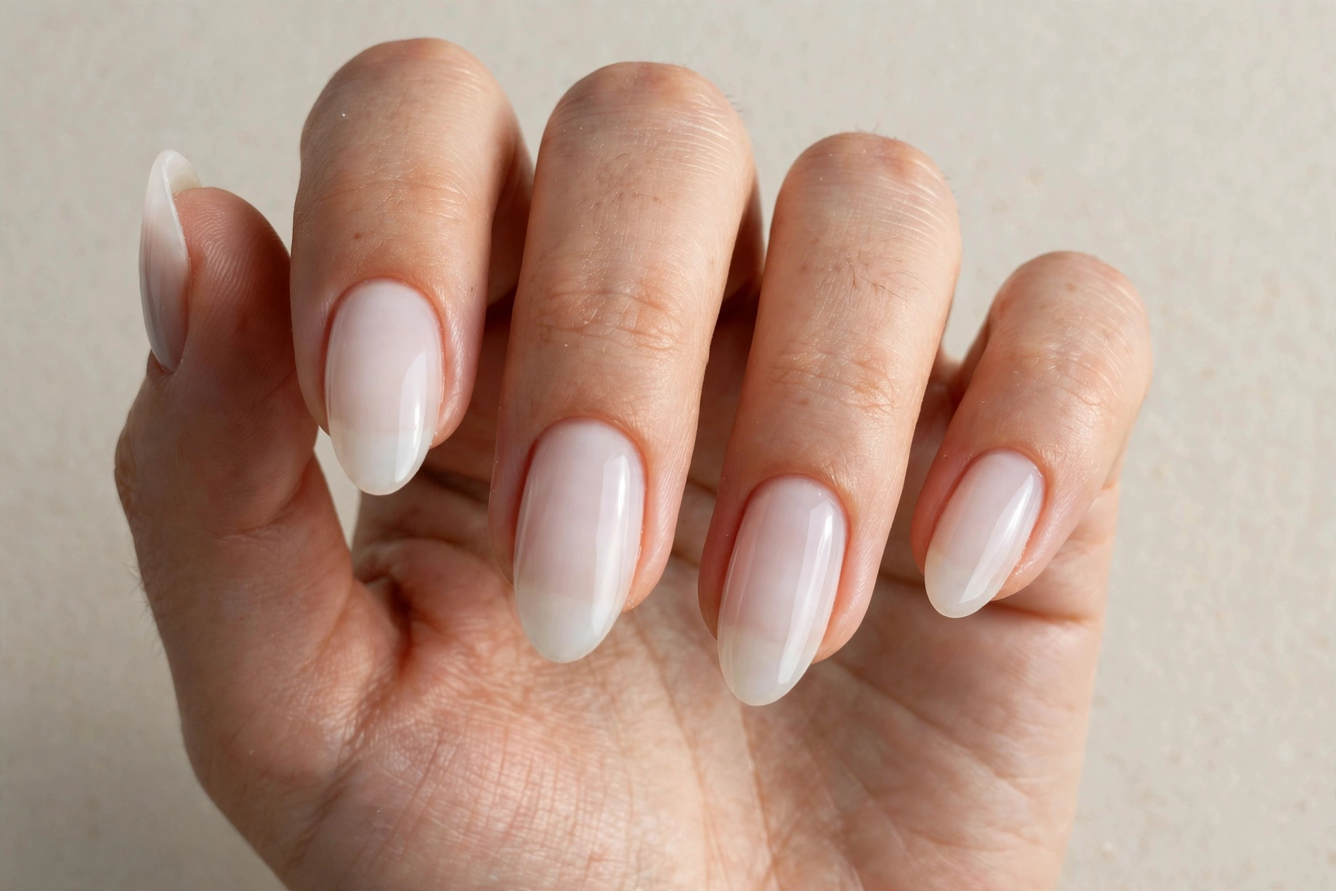 Close-up of almond shaped nails with sheer milky white manicure
