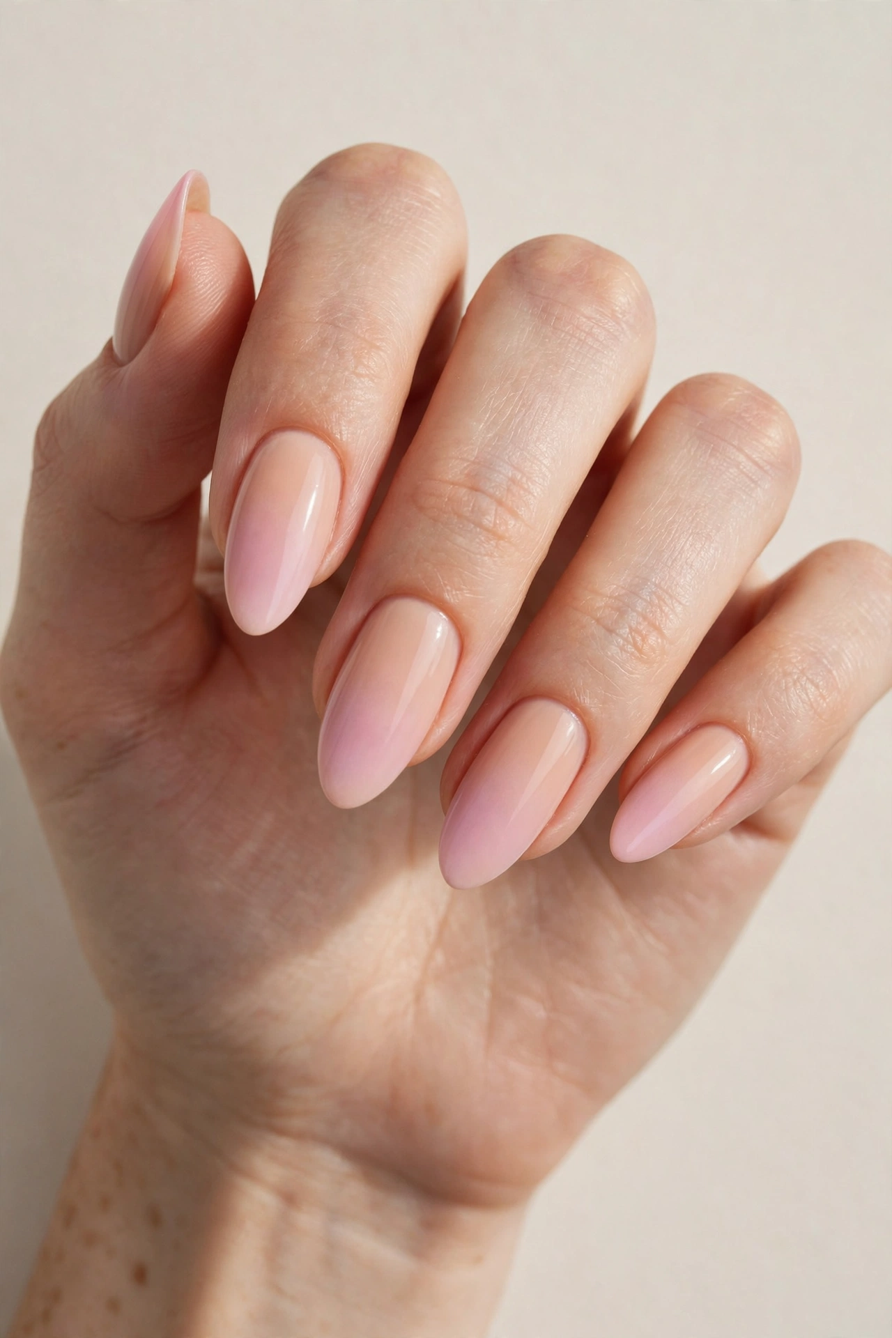 Close-up of almond shaped nails with soft pink ombre gradient manicure