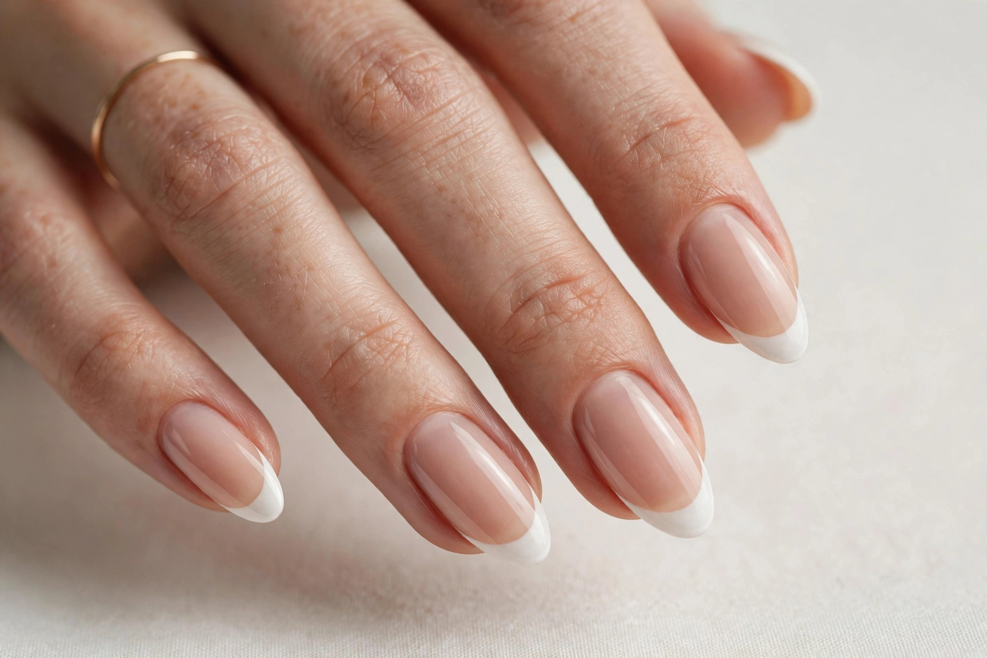 Close-up of almond shaped nails with classic white french tip manicure