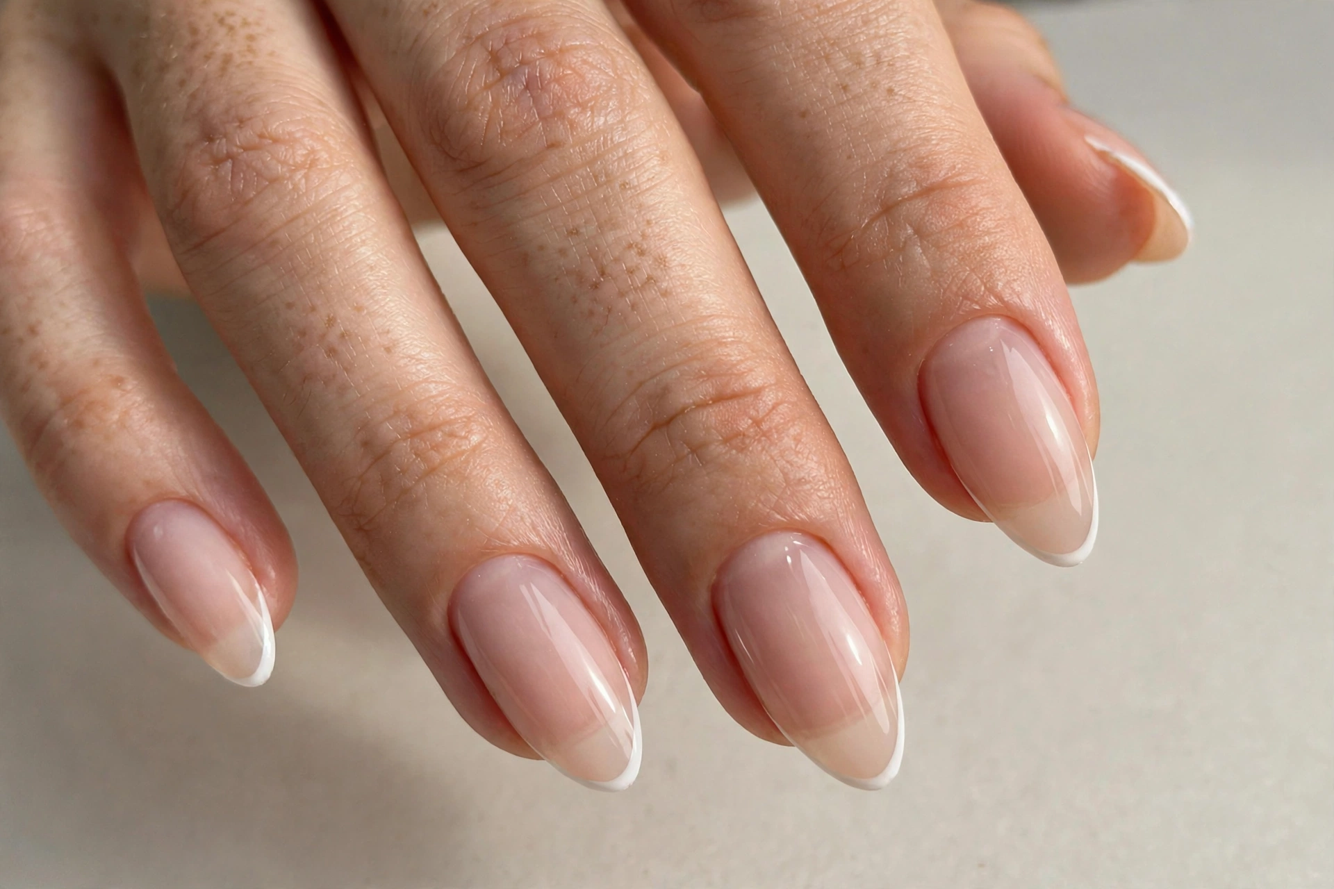 Close-up of almond shaped nails with ultra thin micro french tip manicure