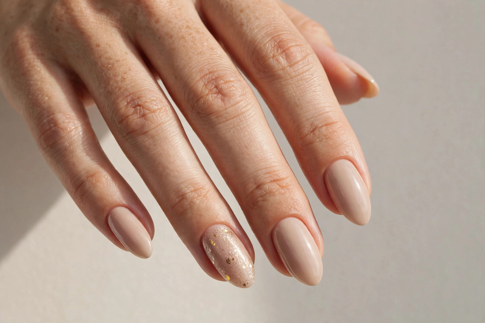 Close-up of almond shaped nails with nude manicure and gold glitter accent nail