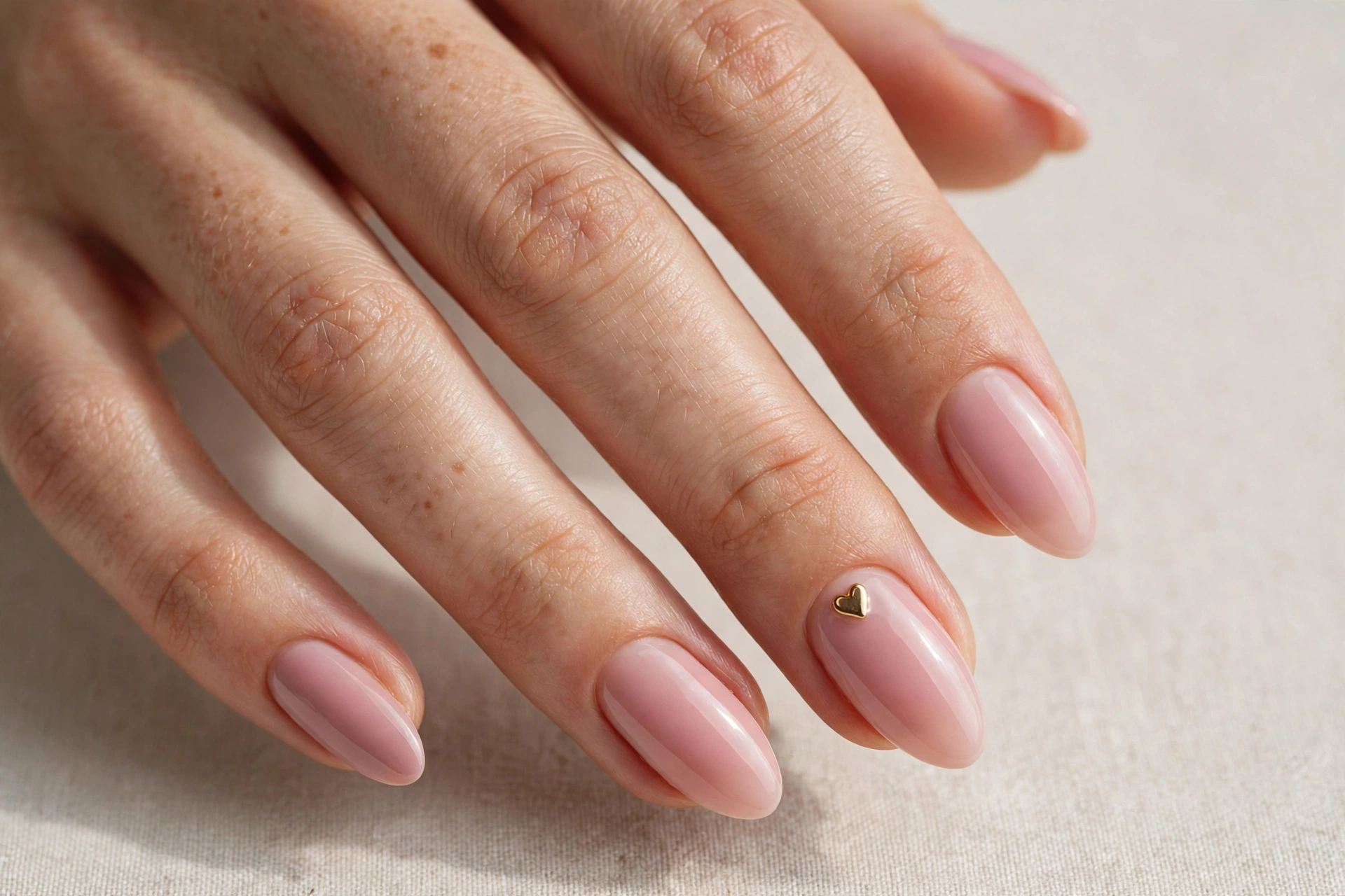 Close-up of almond shaped nails with pink manicure and tiny gold heart accent