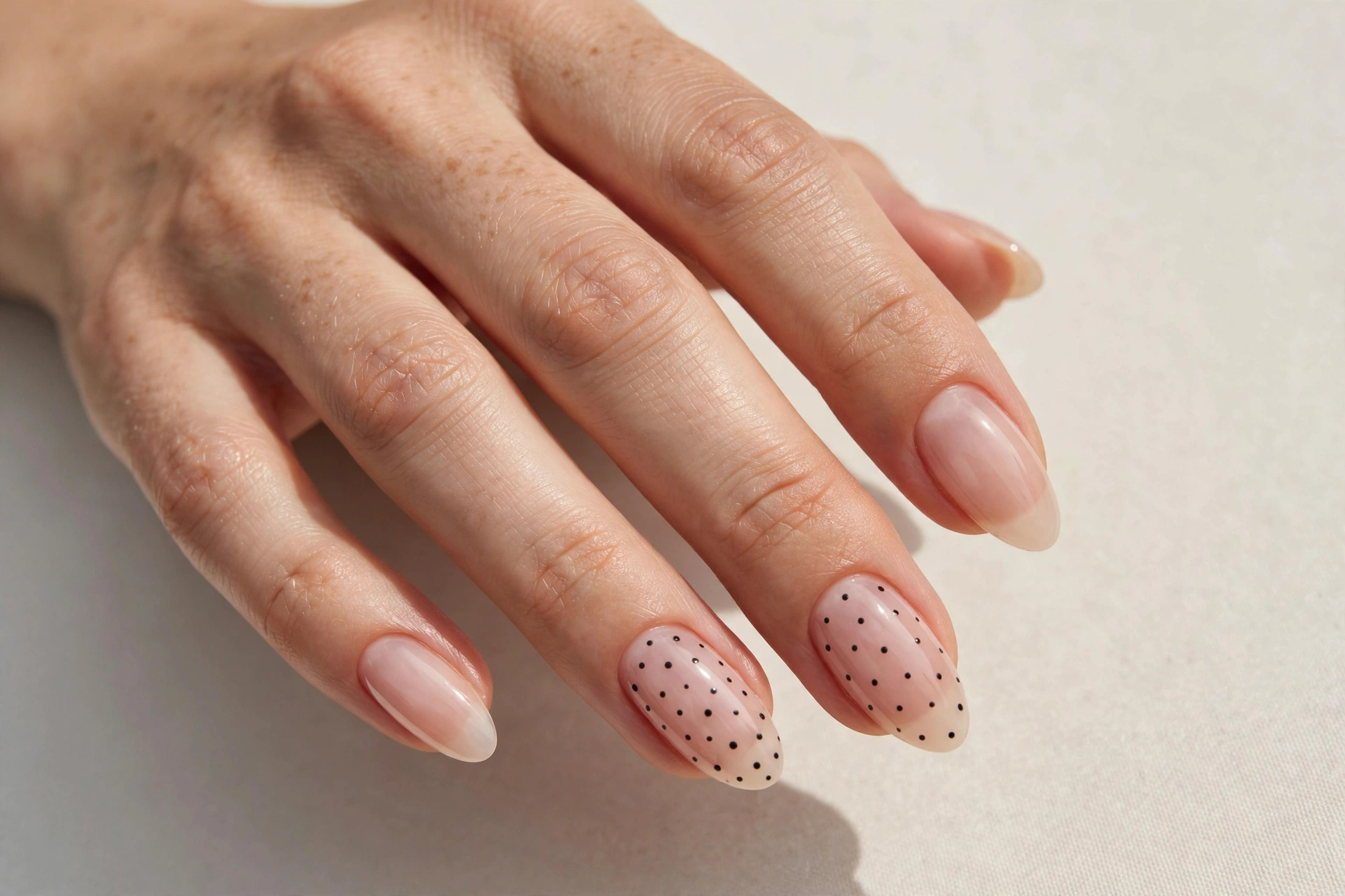 Close-up of almond shaped nails with sheer nude manicure and tiny black polka dots