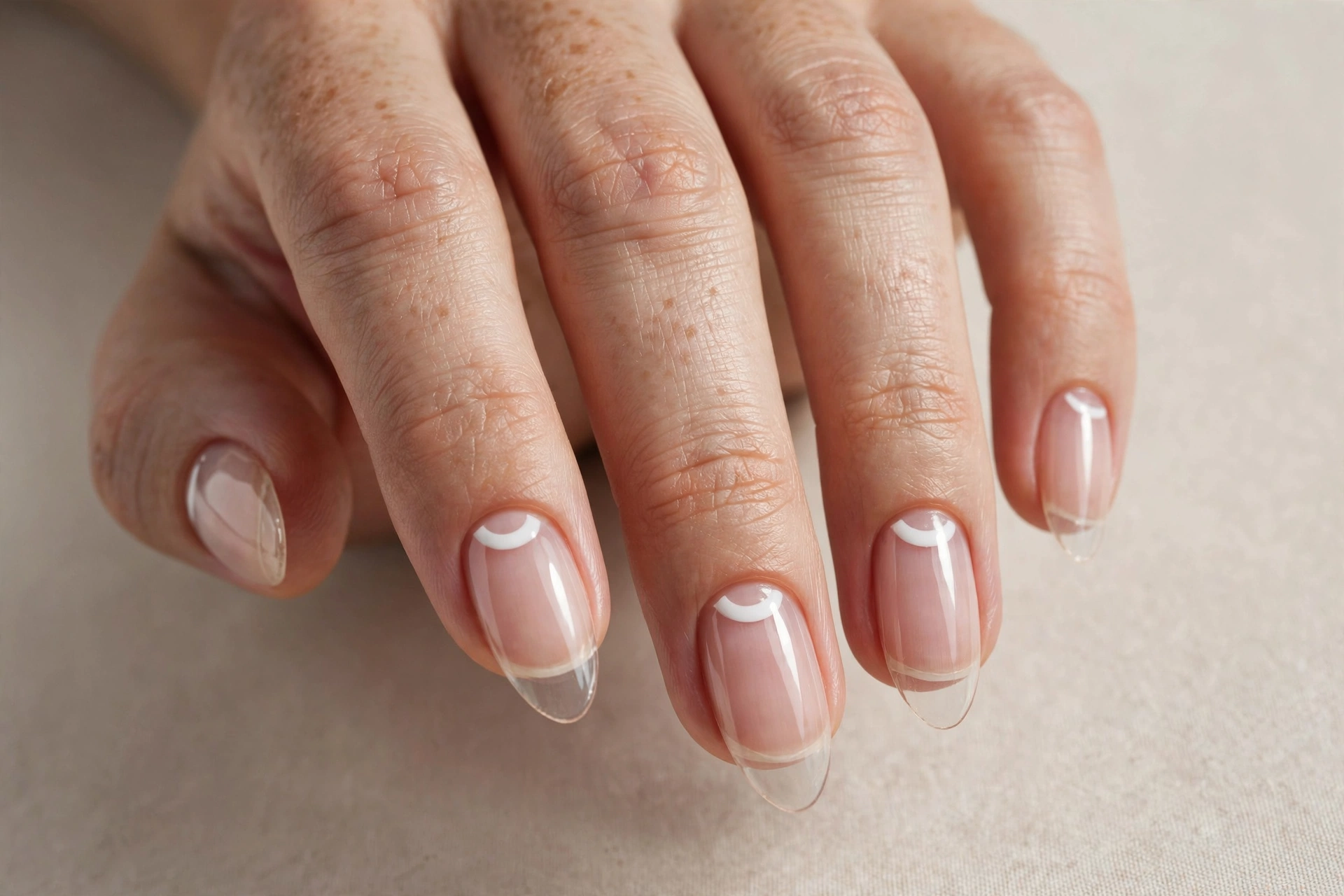 Close-up of almond shaped nails with negative space half moon manicure