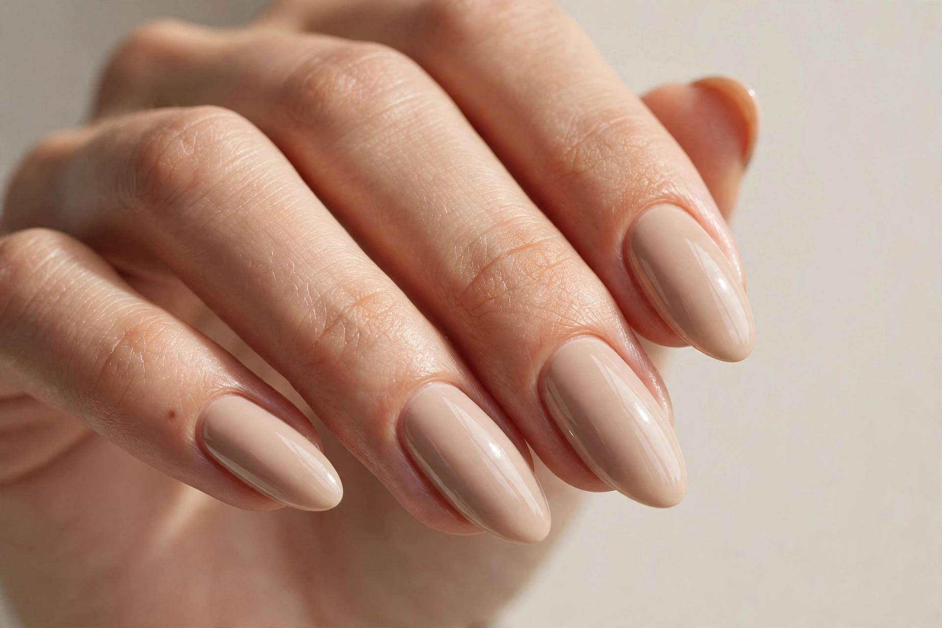 Close-up of almond shaped nails with soft beige glossy manicure