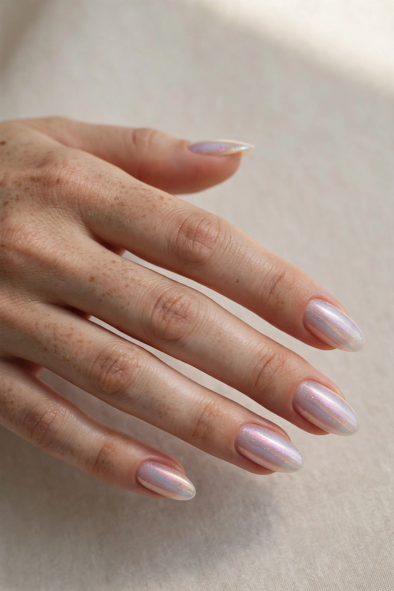 Close-up of almond shaped nails with clear polish and subtle iridescent shimmer