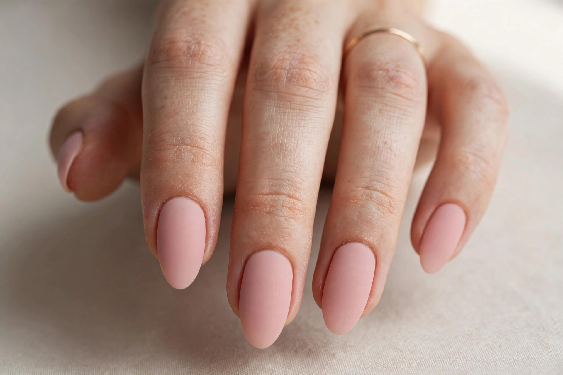 Close-up of almond shaped nails with matte blush pink manicure