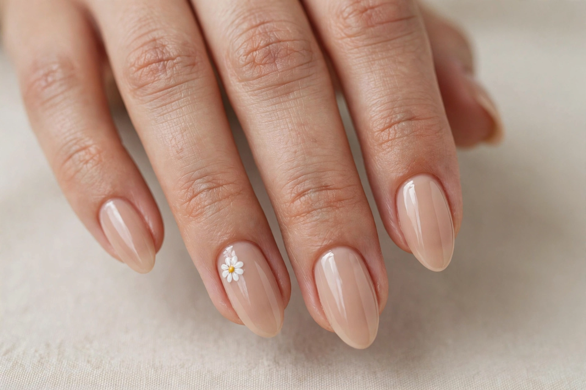 Close-up of almond shaped nails with nude manicure and tiny white daisy accent nail