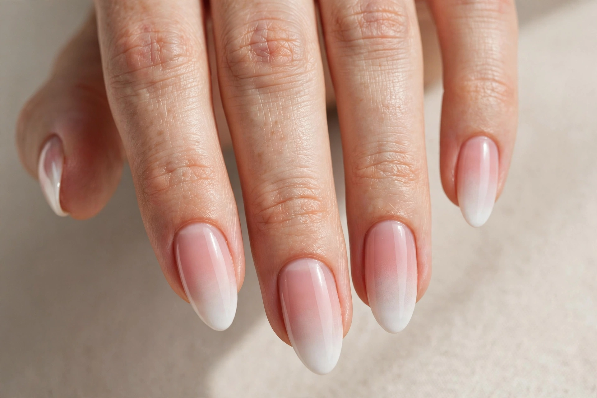 Close-up of almond shaped nails with baby boomer white to pink gradient manicure