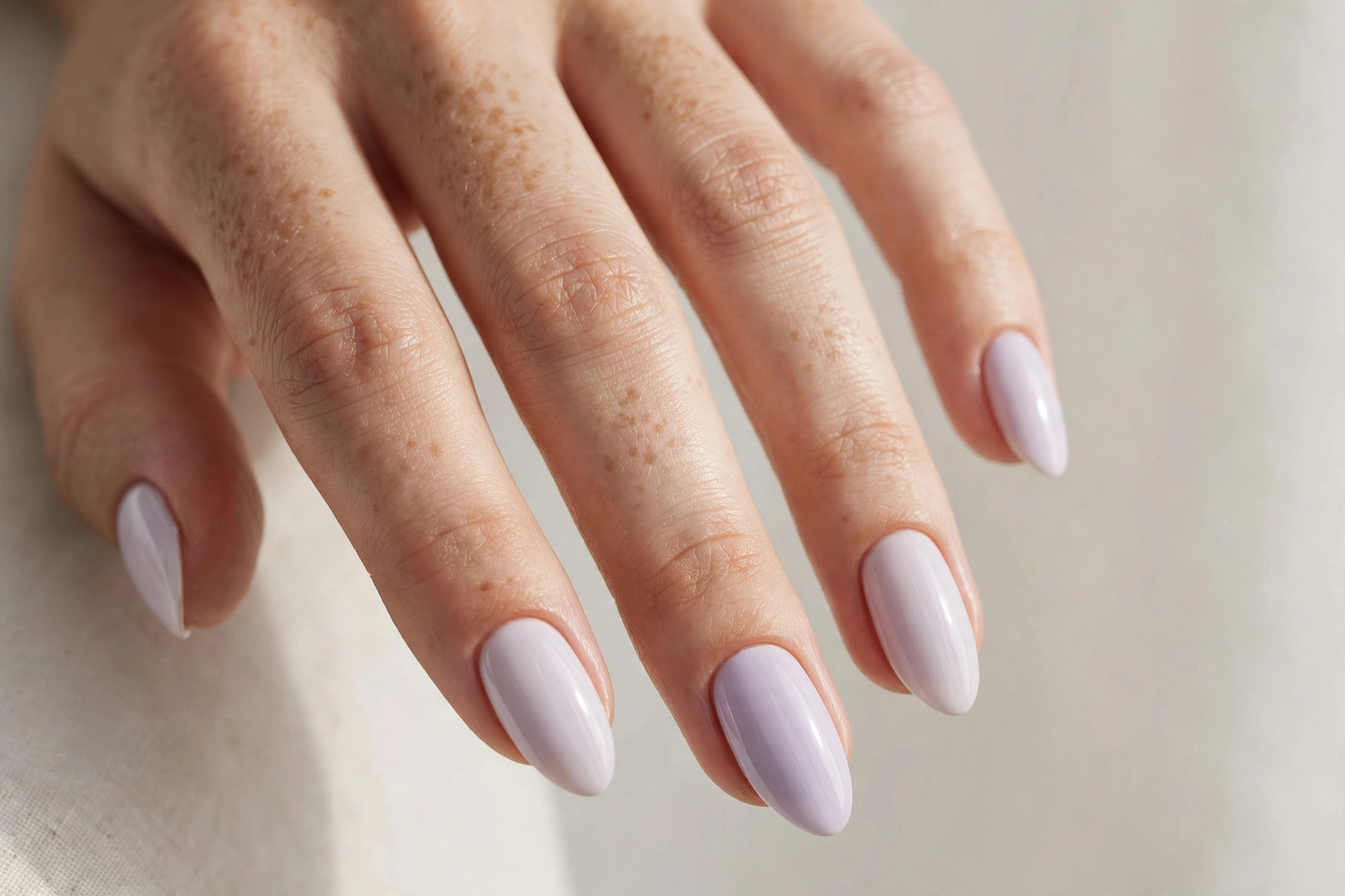 Close-up of almond shaped nails with pale lavender manicure