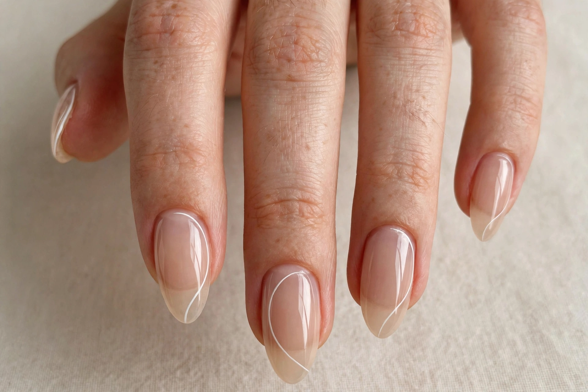 Close-up of almond shaped nails with sheer nude manicure and white side tip curves