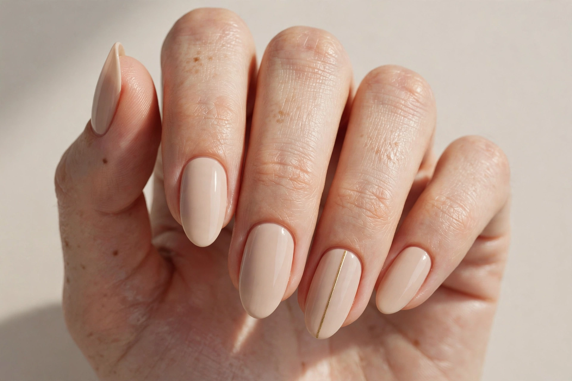 Close-up of almond shaped nails with beige manicure and thin gold stripe accent