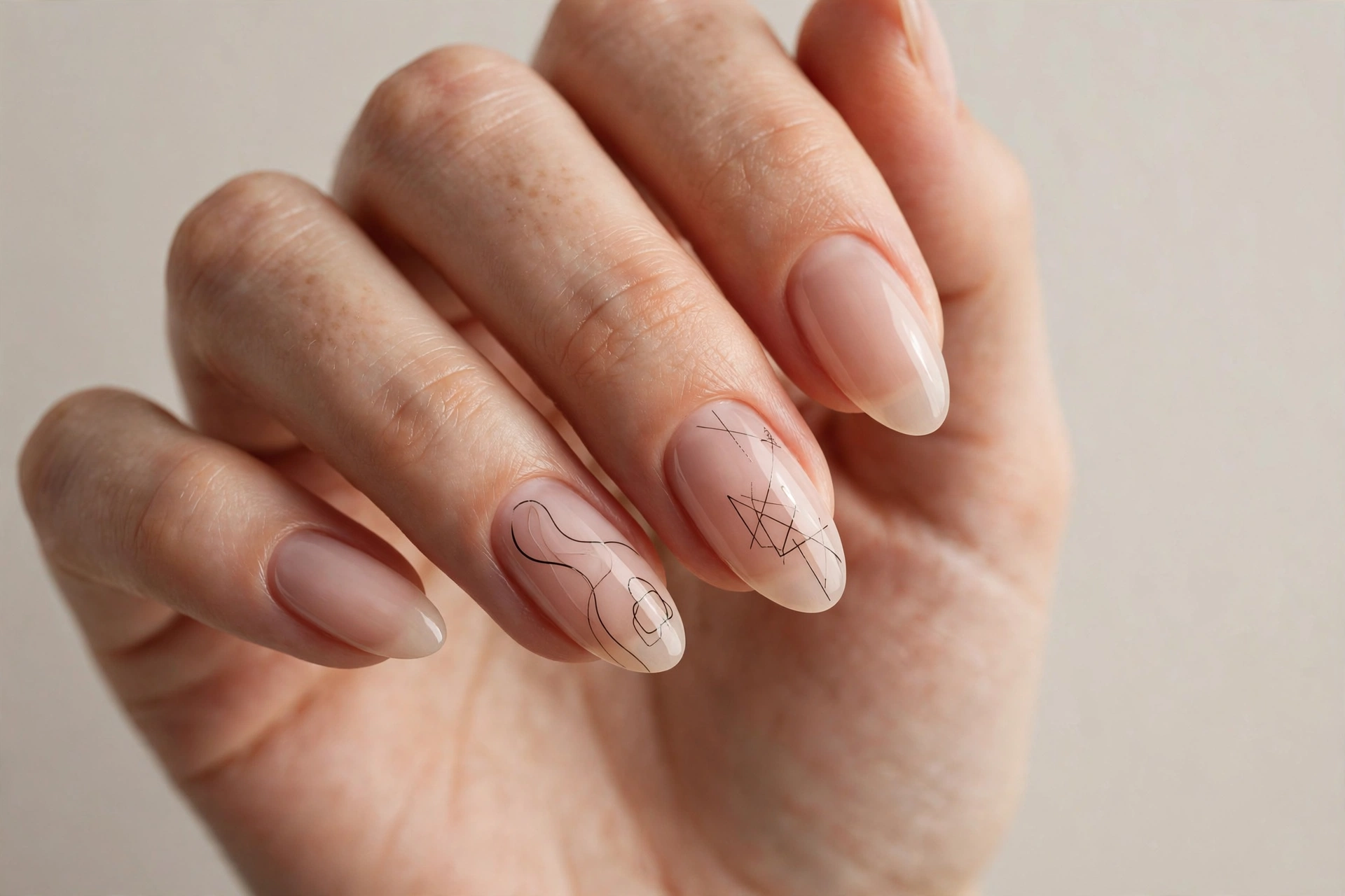 Close-up of almond shaped nails with sheer nude manicure and thin black line art